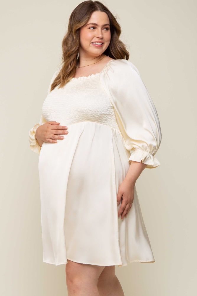 Ivory Satin Smocked Square Neck Maternity Plus Dress sold by Pinkblush product image thumbnail 2