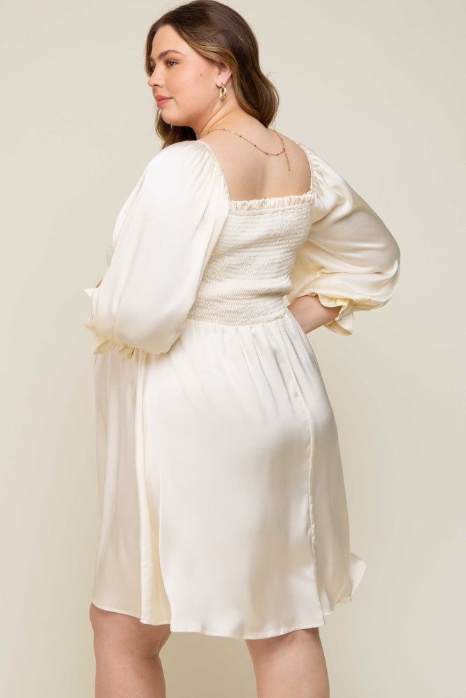 Ivory Satin Smocked Square Neck Maternity Plus Dress sold by Pinkblush product image thumbnail 3