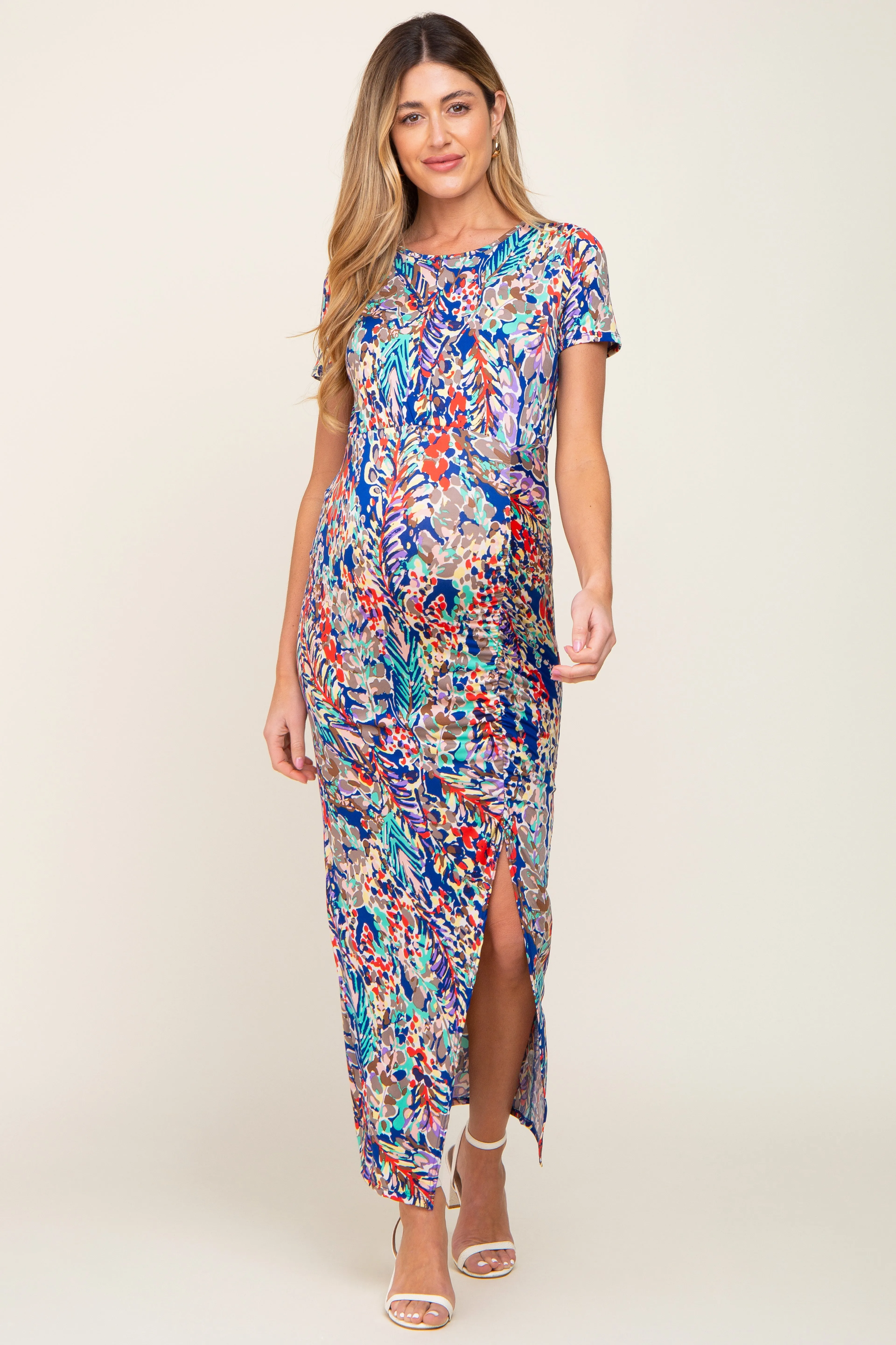 Royal Blue Multi-Color Floral Side Slit Maternity Maxi Dress sold by Pinkblush product image thumbnail 4