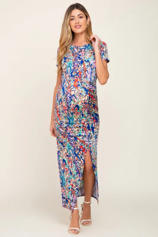Royal Blue Multi-Color Floral Side Slit Maternity Maxi Dress sold by Pinkblush