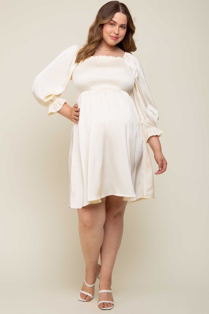Ivory Satin Smocked Square Neck Maternity Plus Dress sold by Pinkblush product image thumbnail 4