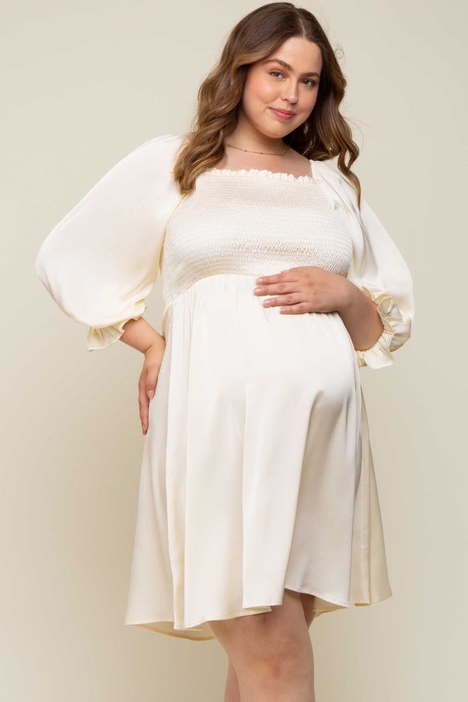 Ivory Satin Smocked Square Neck Maternity Plus Dress sold by Pinkblush