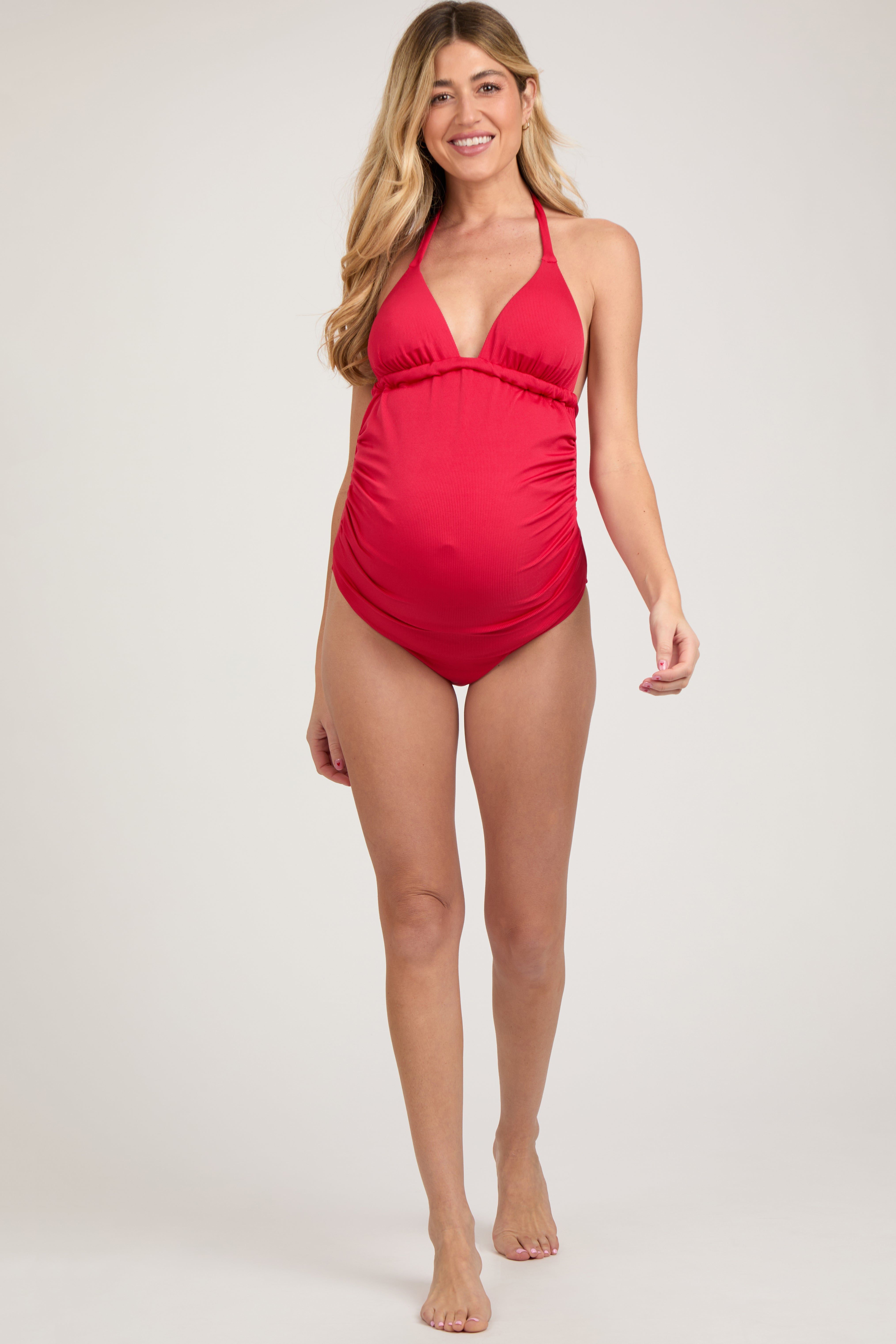 Red Ribbed Low Back Halter One-Piece Maternity Swimsuit sold by Pinkblush product image thumbnail 2