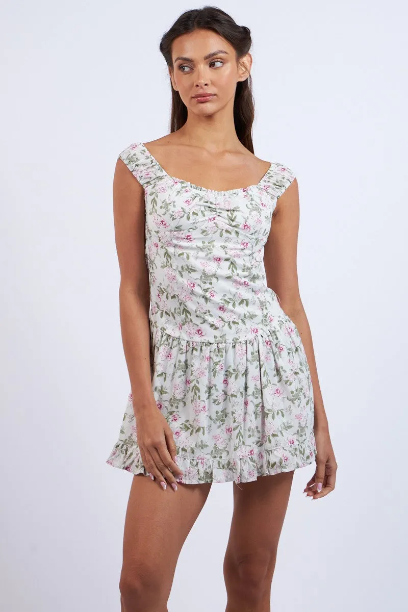 Mint Pink Floral Wide Band Strap Ruffle Mini Dress sold by Pinkblush