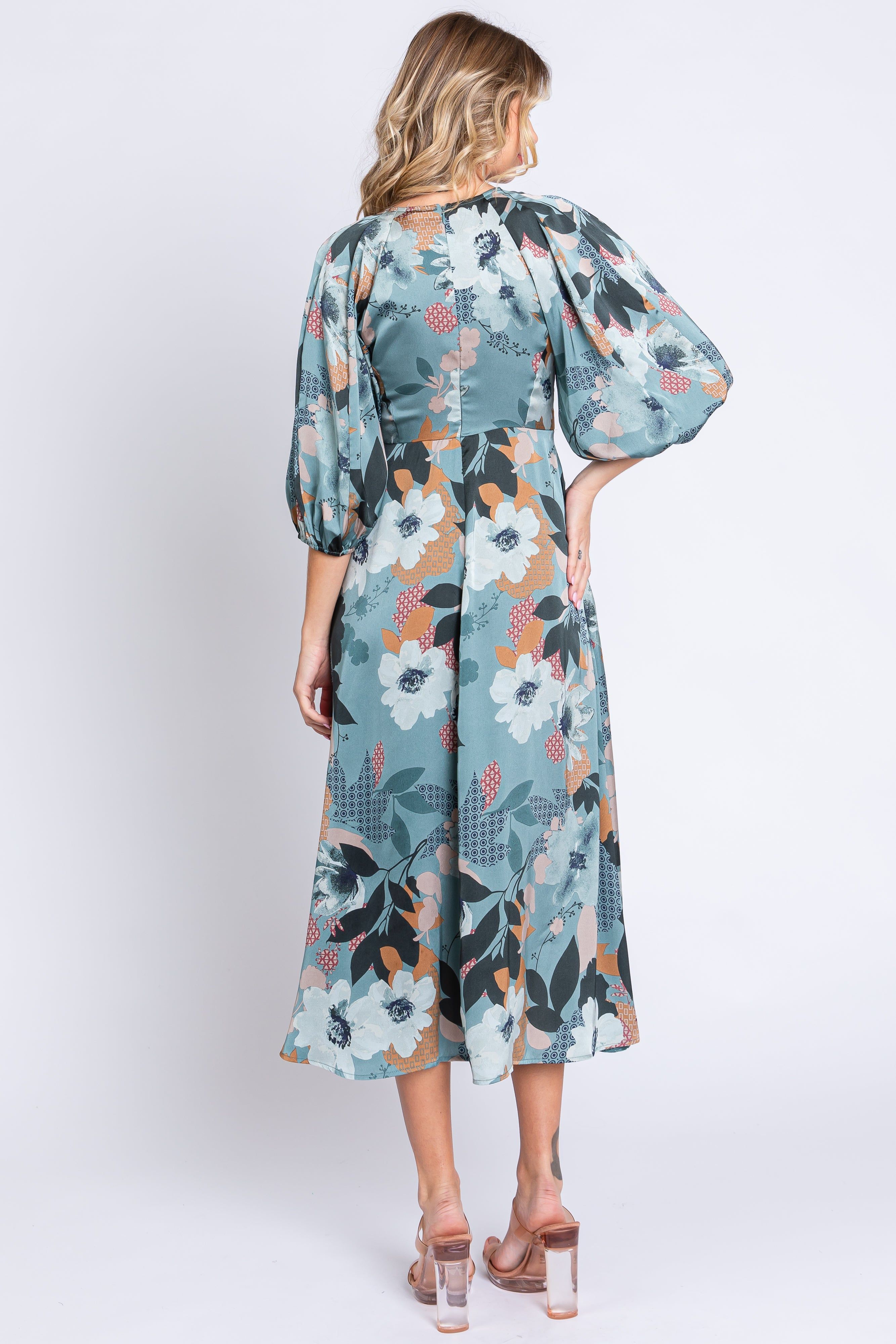 Light Teal Floral Satin Puff Sleeve Midi Dress sold by Pinkblush product image thumbnail 3