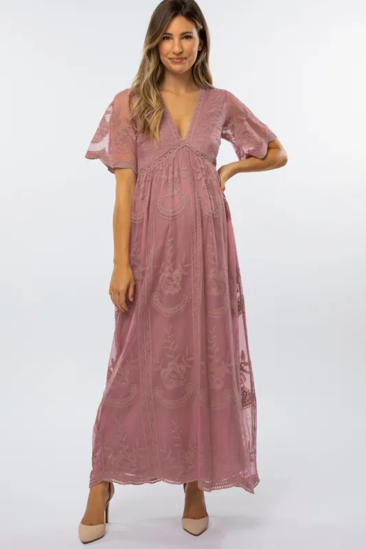 Mauve Lace Mesh Overlay Maternity Maxi Dress sold by Pinkblush