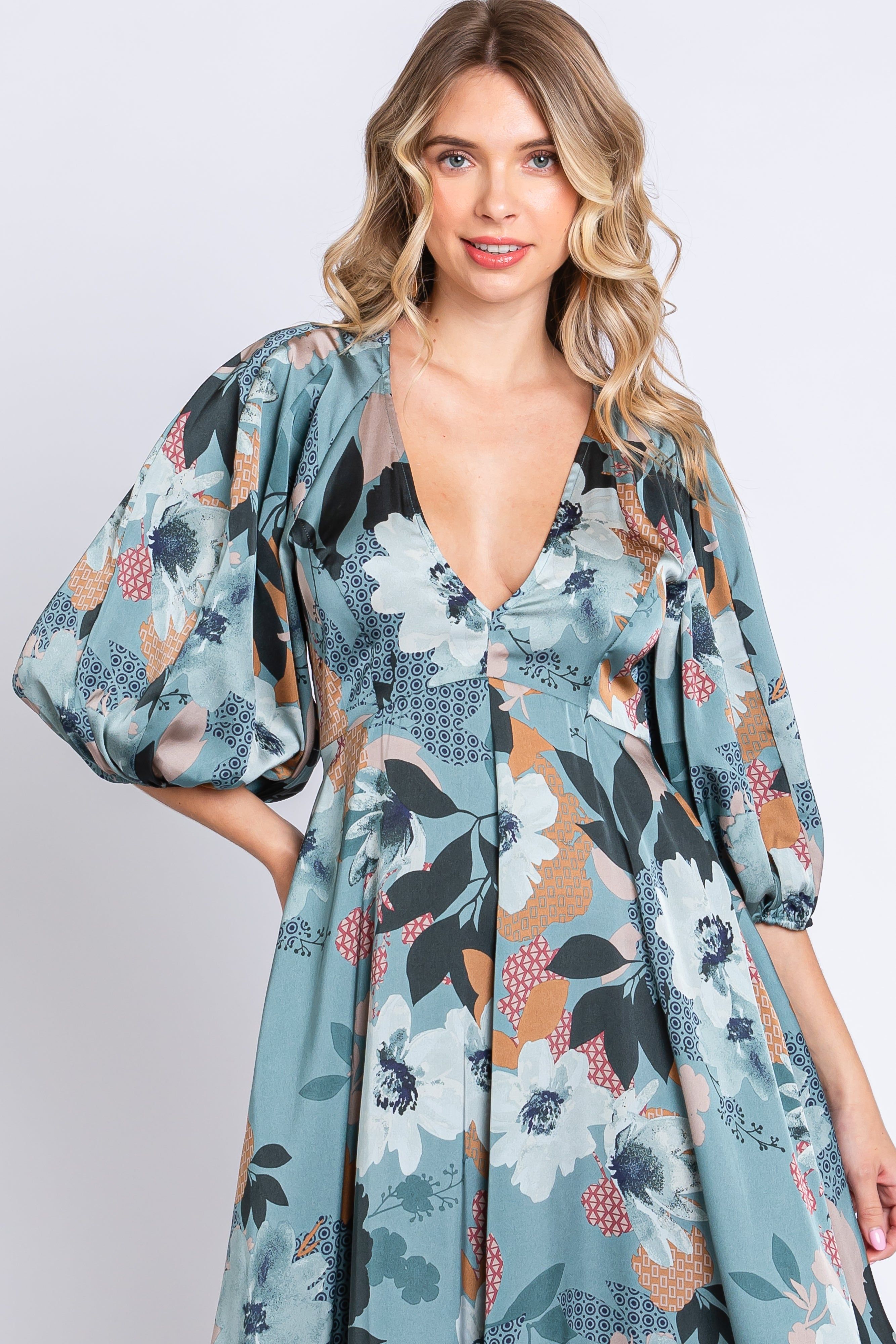 Light Teal Floral Satin Puff Sleeve Midi Dress sold by Pinkblush product image thumbnail 4