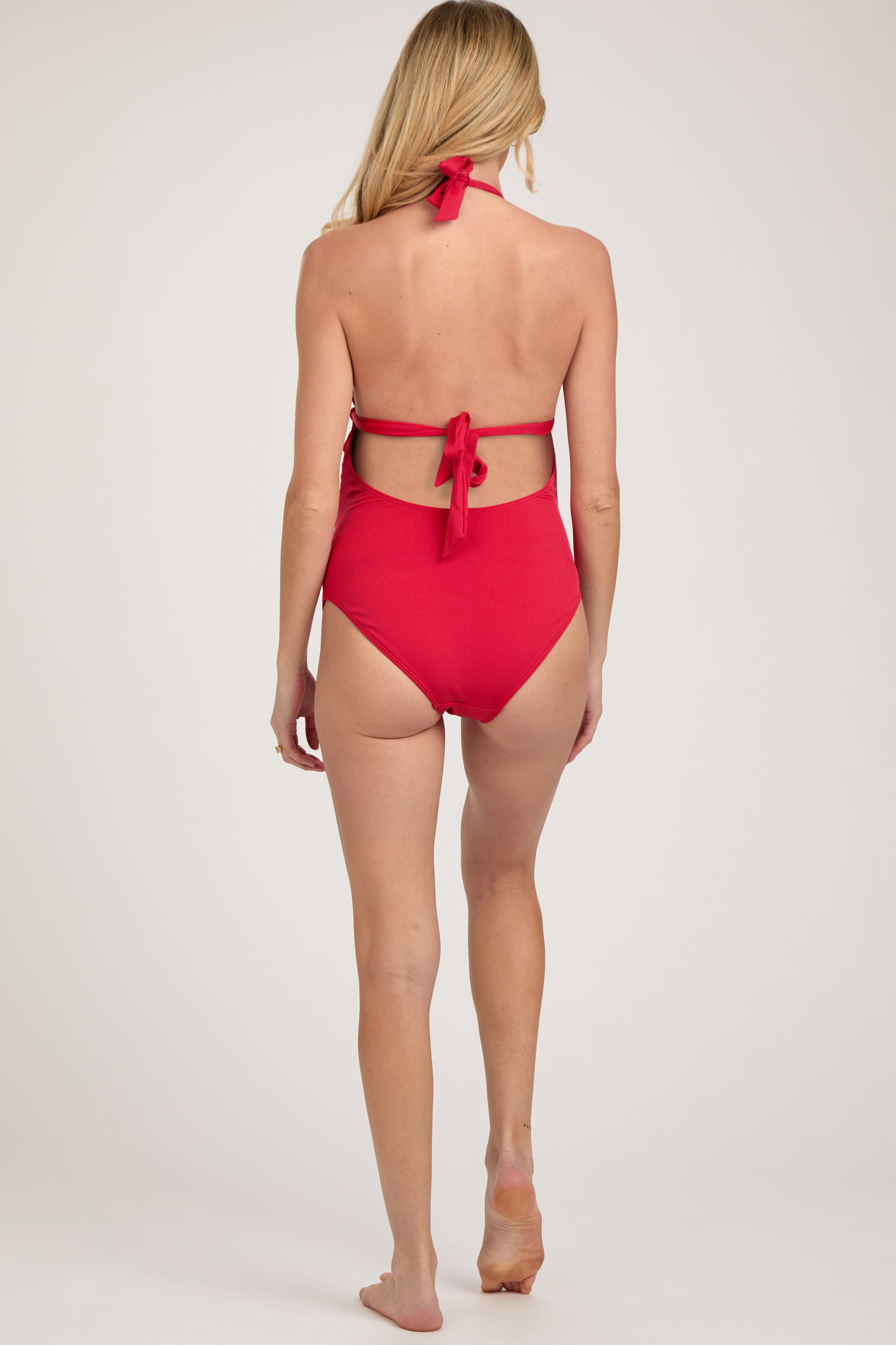 Red Ribbed Low Back Halter One-Piece Maternity Swimsuit sold by Pinkblush product image thumbnail 4