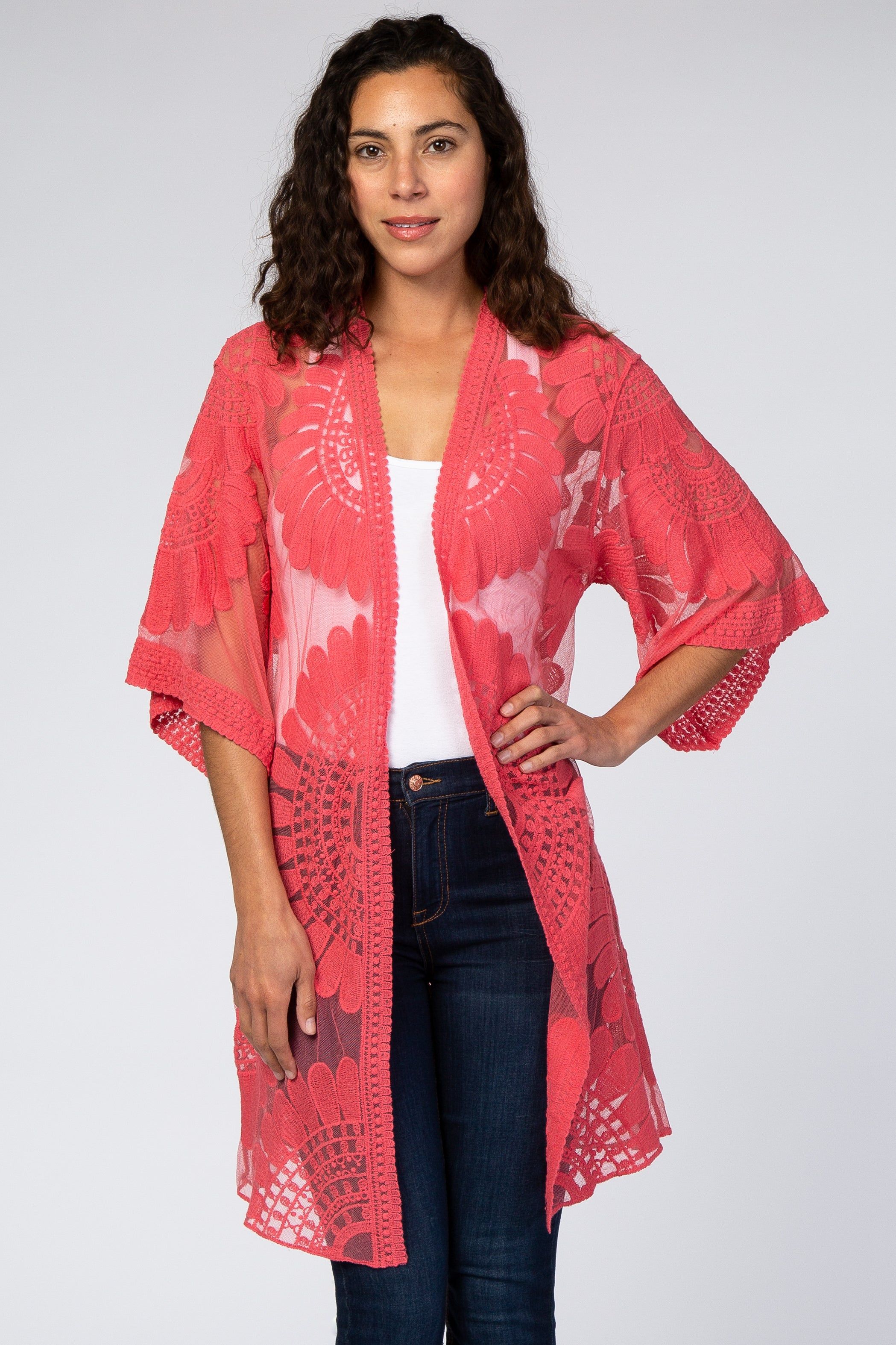 Pink Lace Mesh 3/4 Sleeve Cover Up sold by Pinkblush product image thumbnail 2