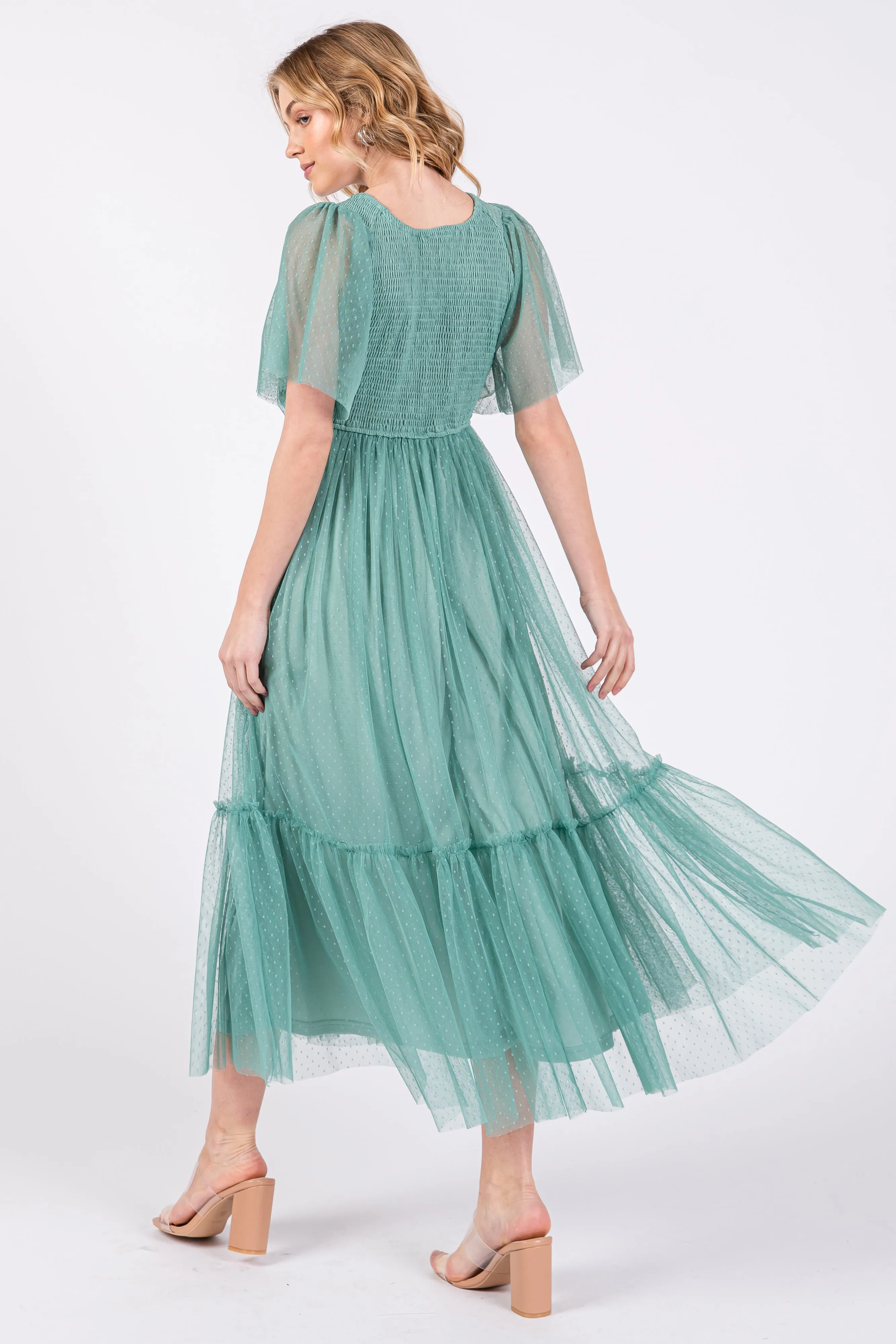 Light Olive Dotted Tulle Smocked Midi Dress sold by Pinkblush product image thumbnail 3