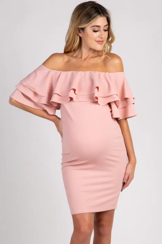 PinkBlush Mauve Layered Ruffle Off Shoulder Fitted Maternity Dress sold by Pinkblush