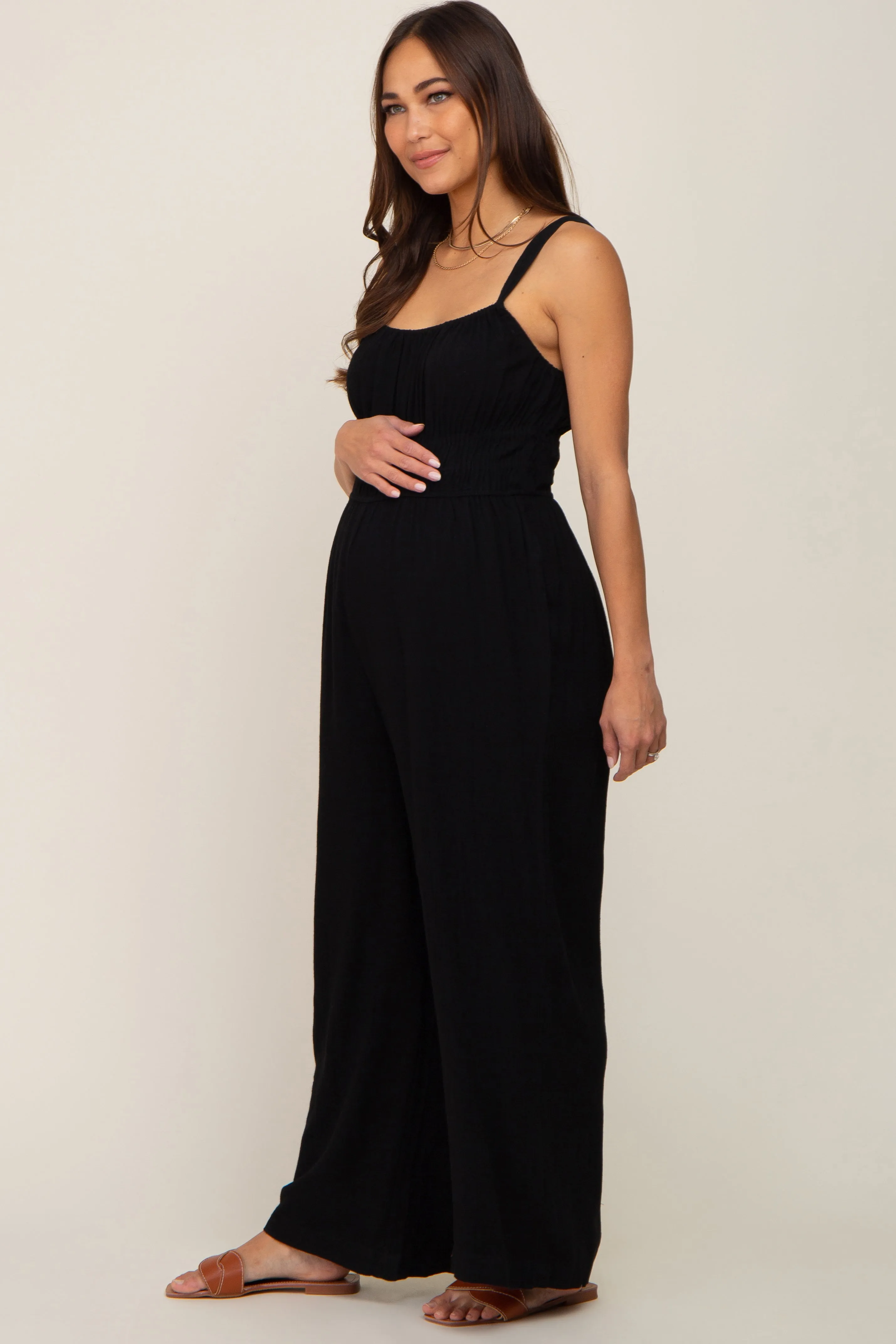 Black Smocked Square Neck Sleeveless Linen Maternity Jumpsuit sold by Pinkblush product image thumbnail 3