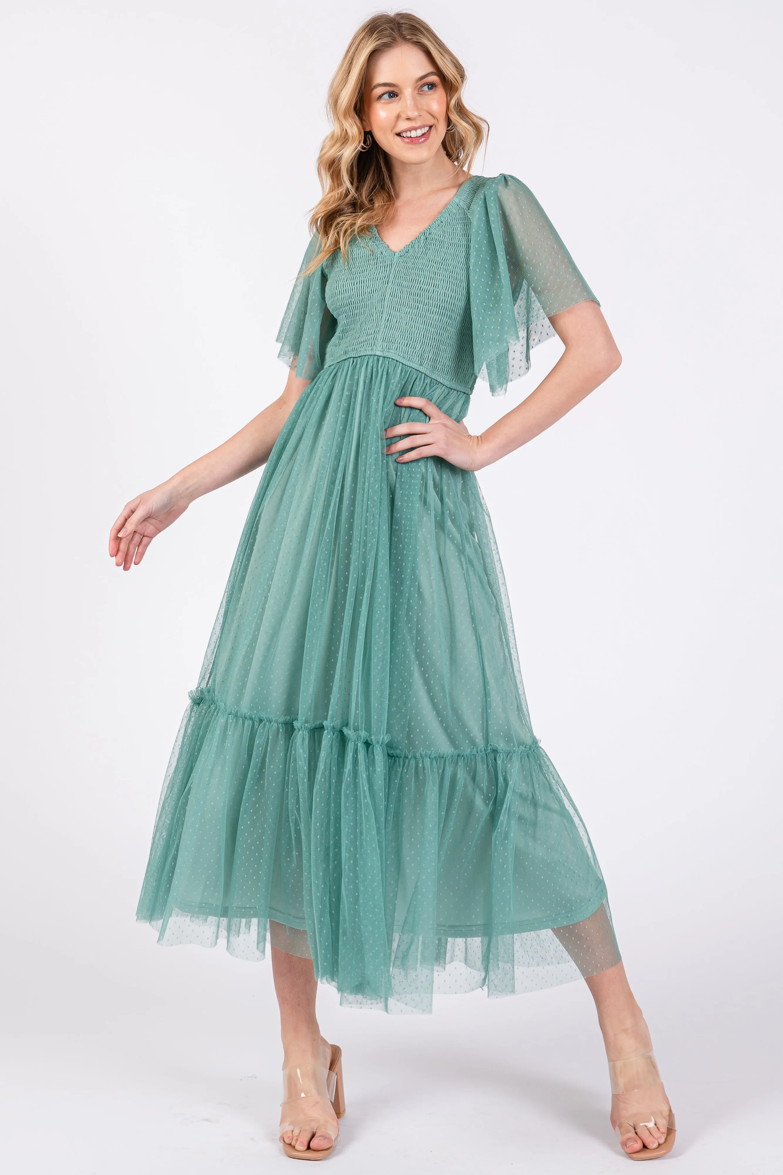Light Olive Dotted Tulle Smocked Midi Dress sold by Pinkblush