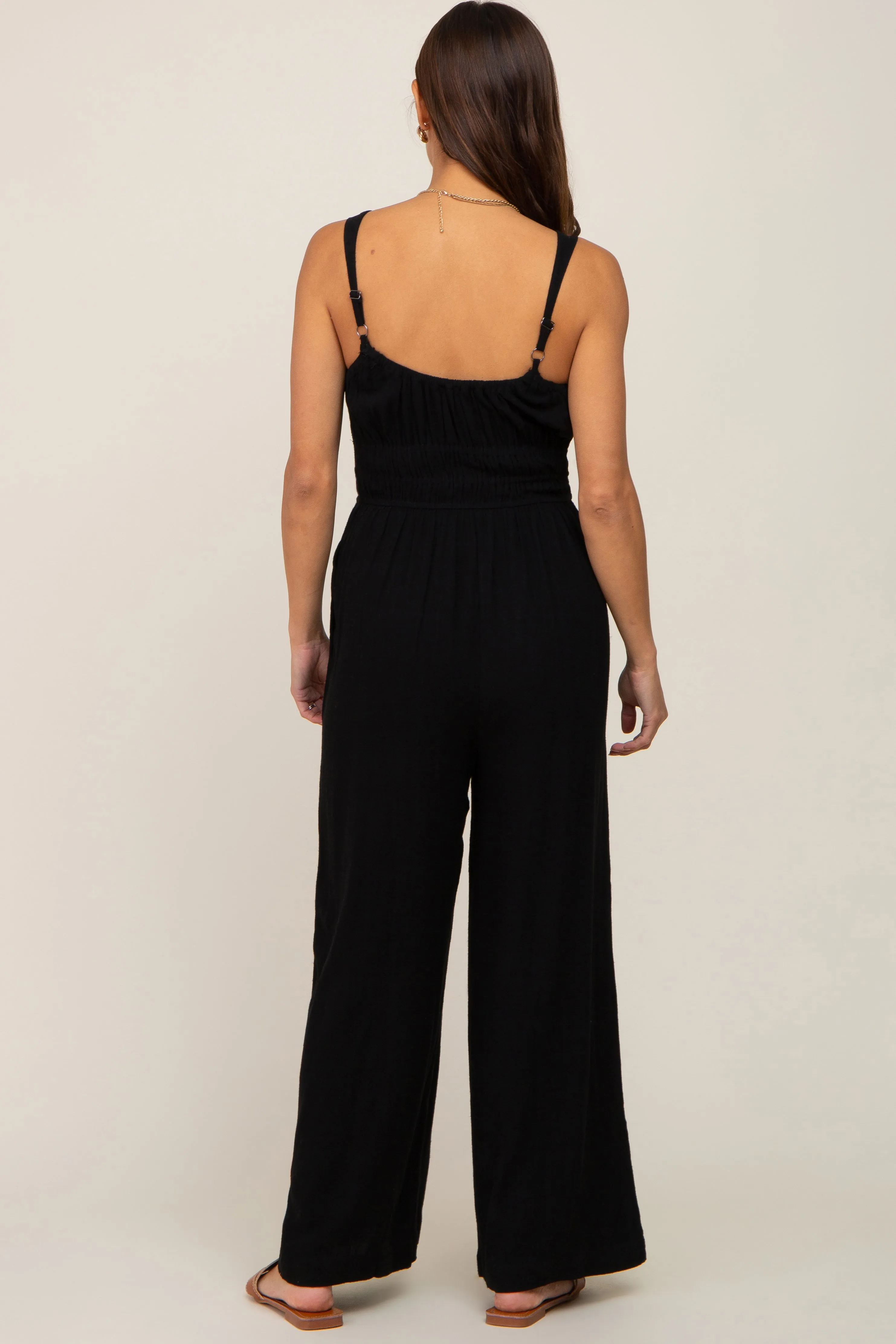 Black Smocked Square Neck Sleeveless Linen Maternity Jumpsuit sold by Pinkblush product image thumbnail 4