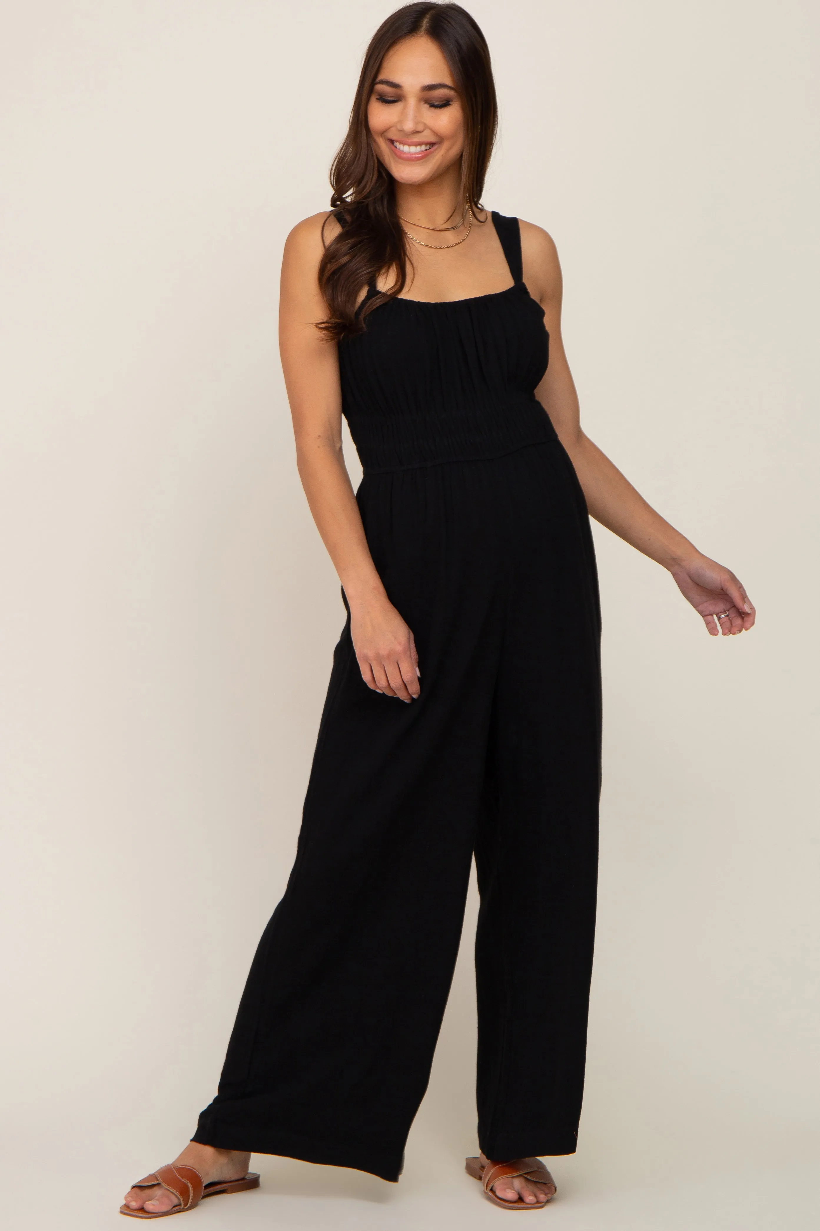 Black Smocked Square Neck Sleeveless Linen Maternity Jumpsuit sold by Pinkblush