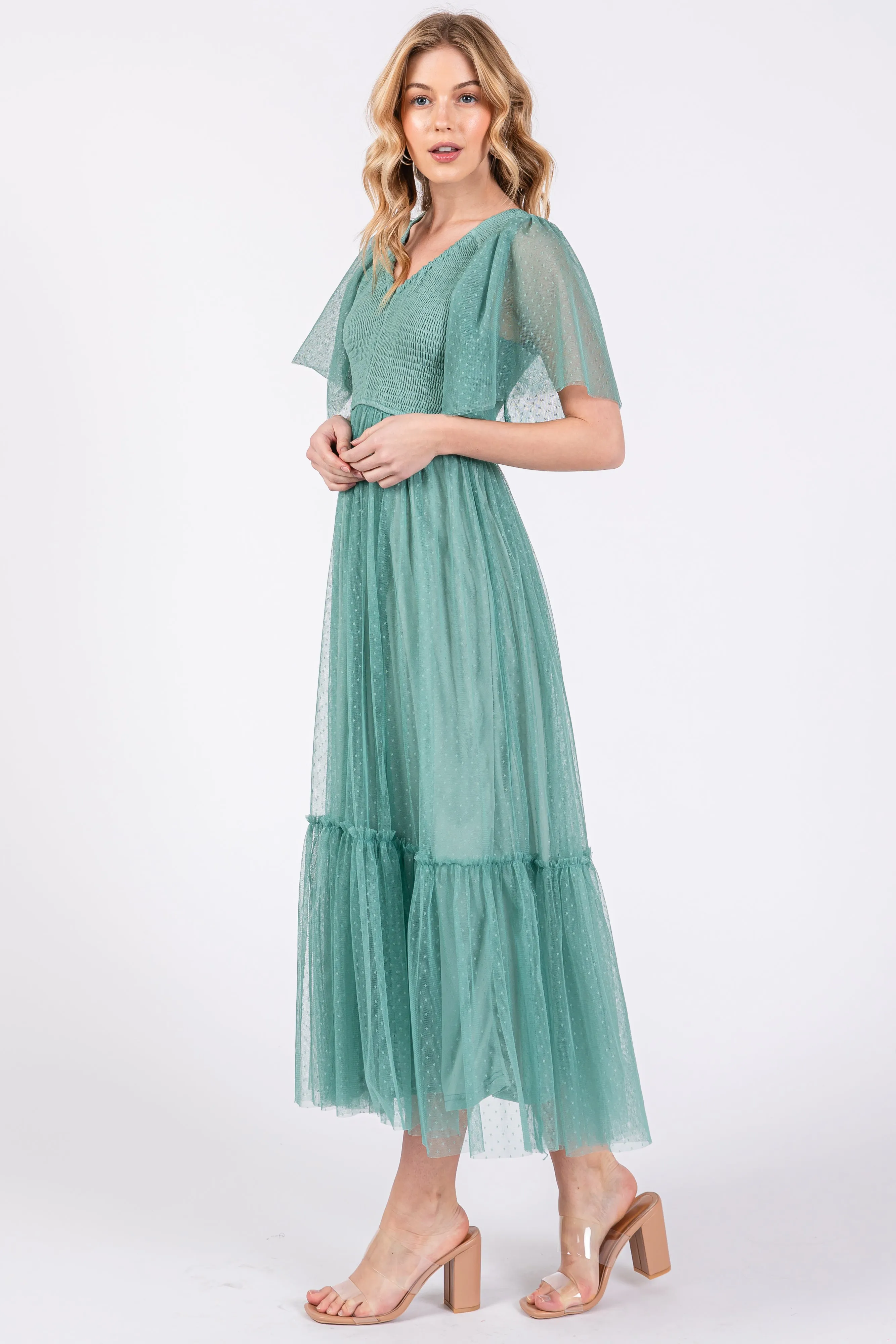 Light Olive Dotted Tulle Smocked Midi Dress sold by Pinkblush product image thumbnail 2