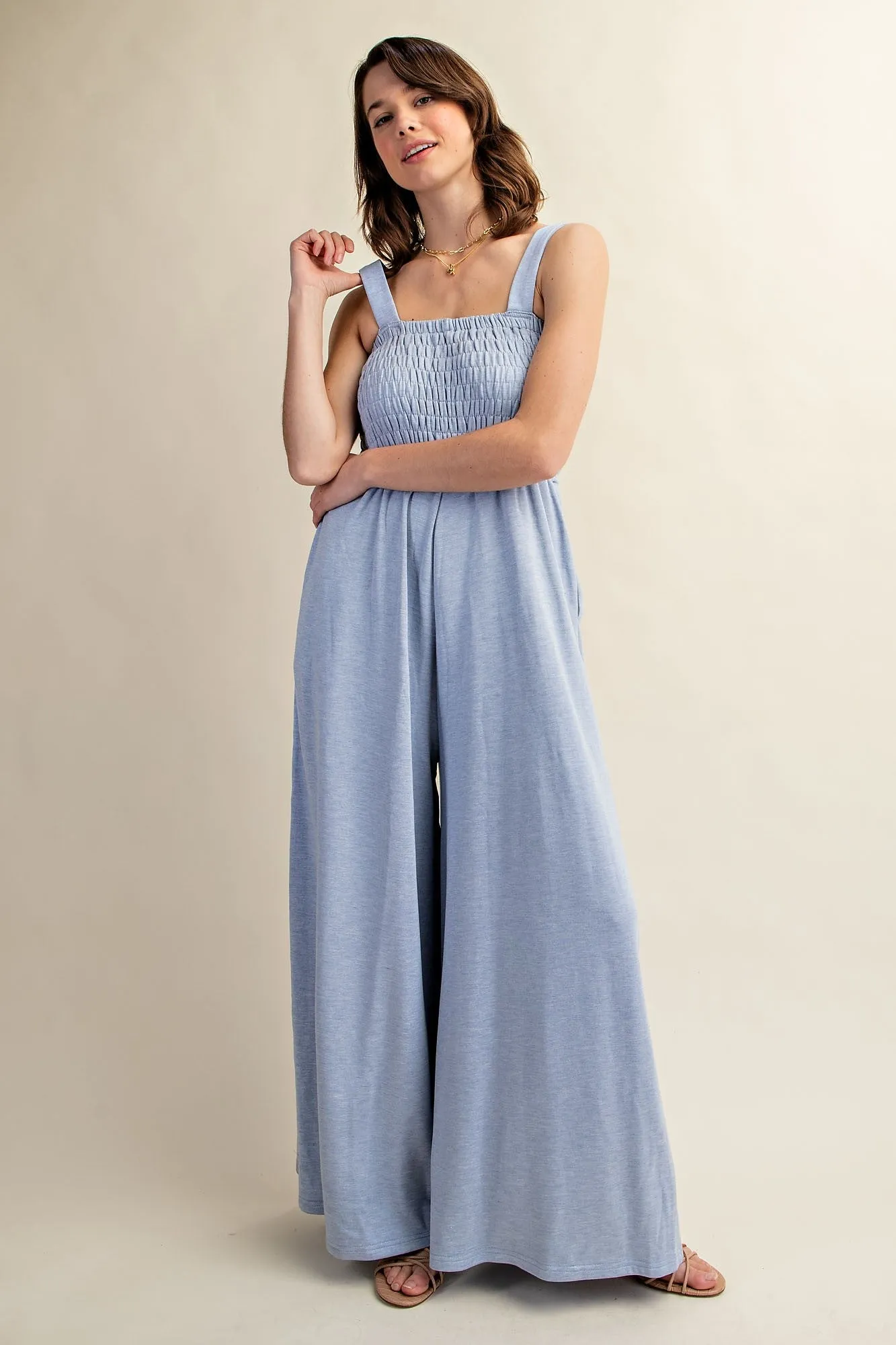 Blue Smocked Wide Leg Jumpsuit sold by Pinkblush