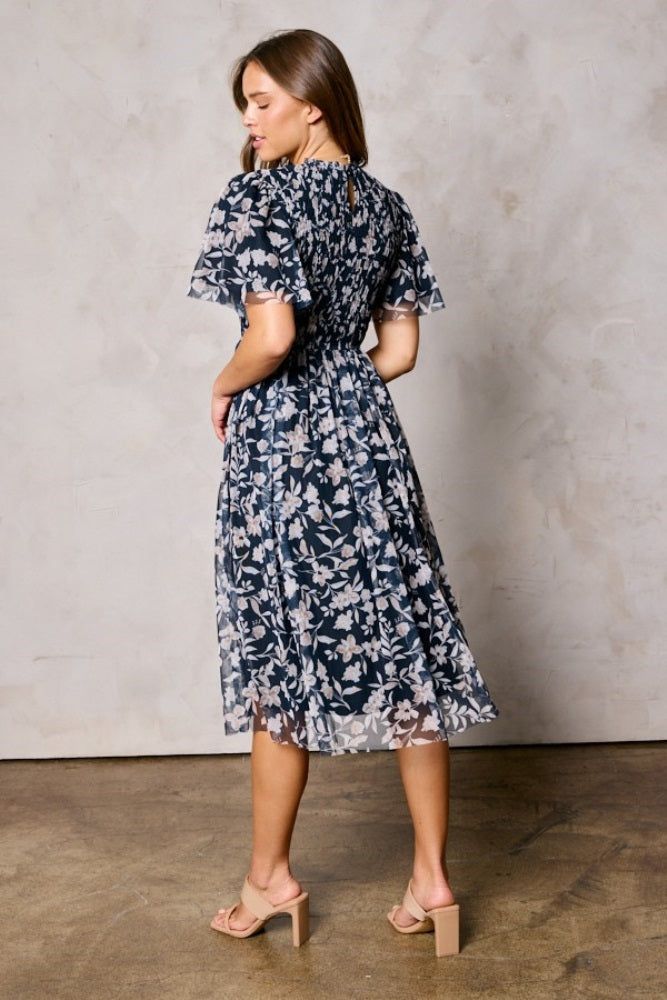 Black Floral Smocked Mesh Knit Midi Dress sold by Pinkblush product image thumbnail 3