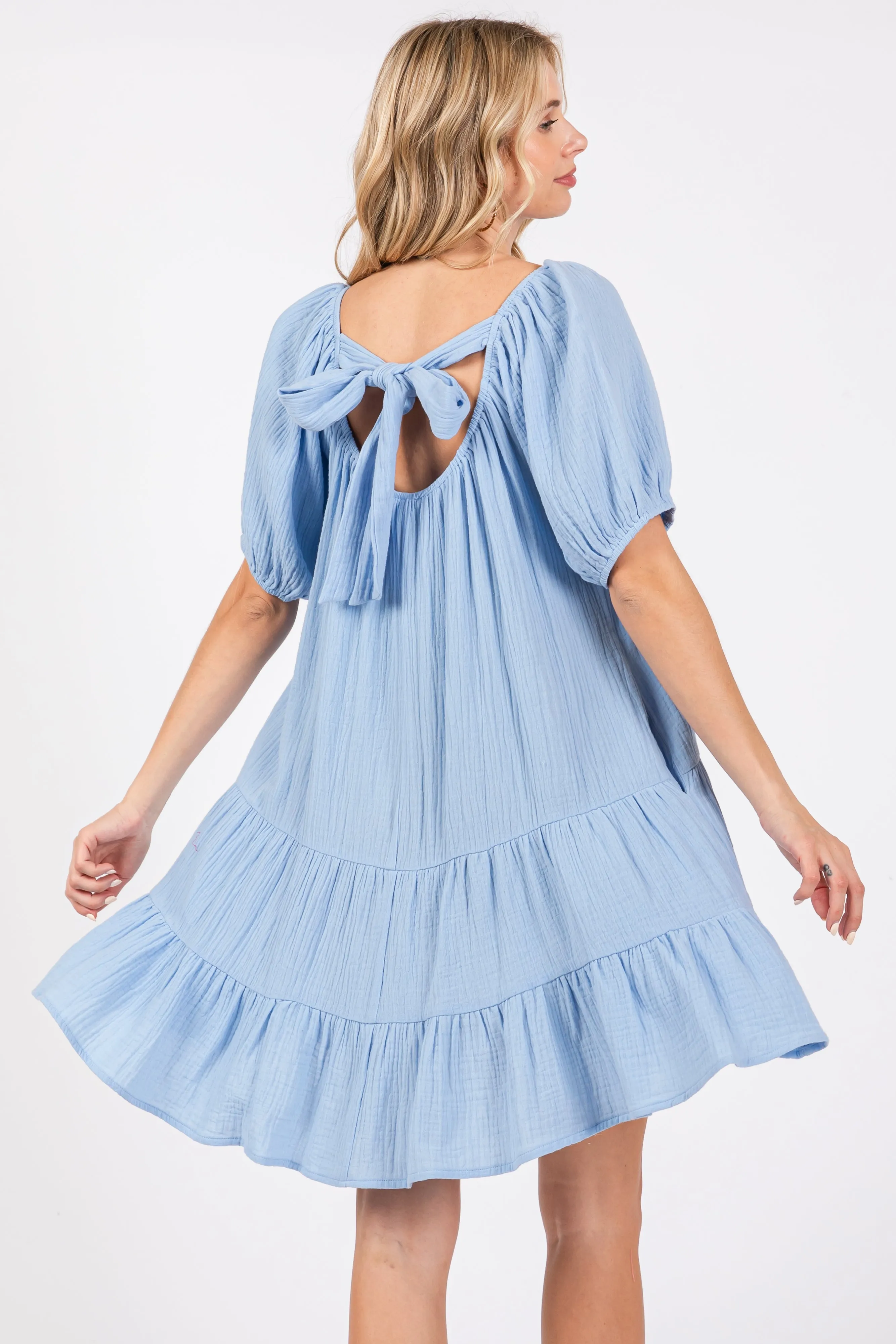 Light Blue Ribbon Back Detail Puff Sleeve Mini Dress sold by Pinkblush product image thumbnail 3