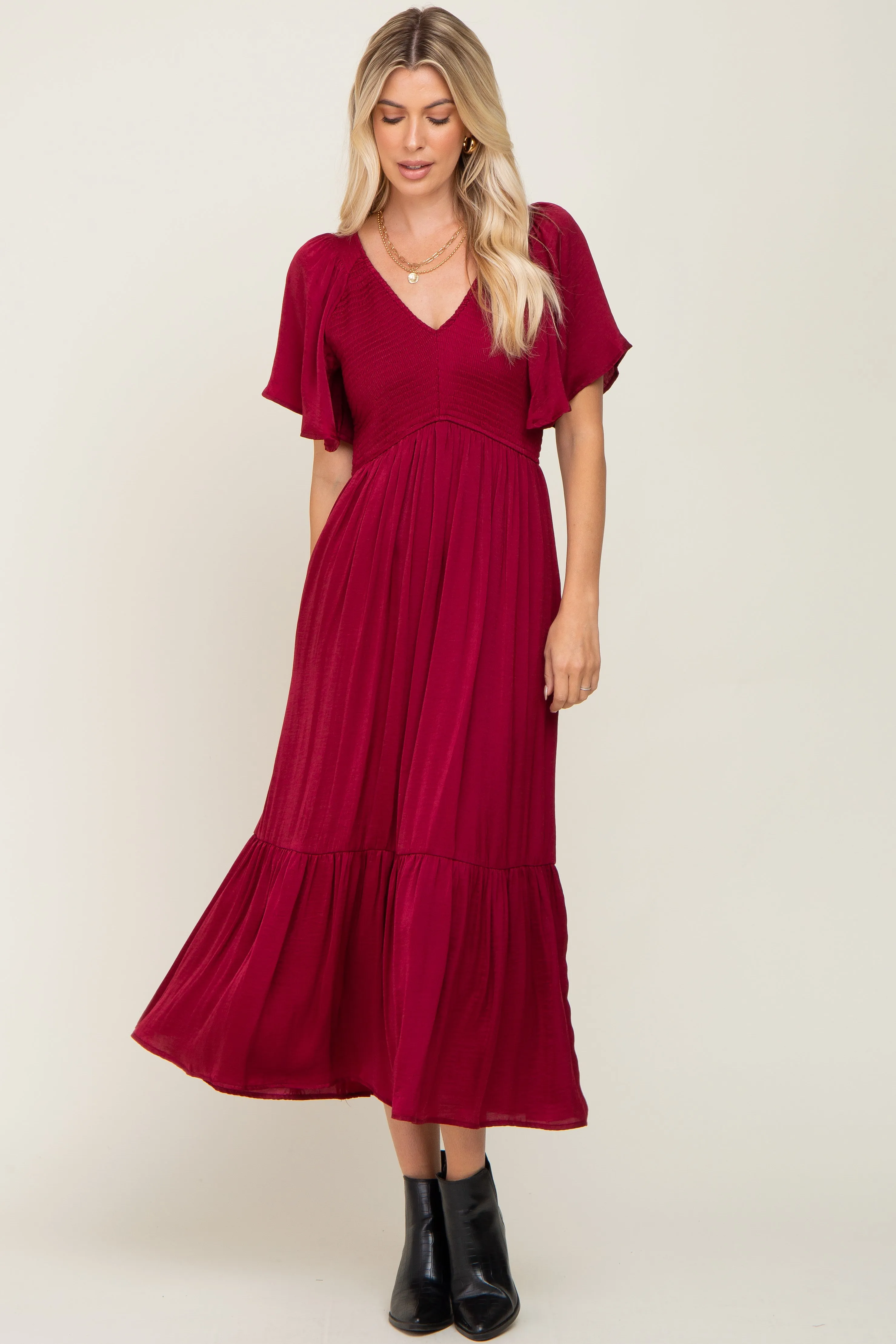 Burgundy Satin Smocked Midi Dress sold by Pinkblush product image thumbnail 4