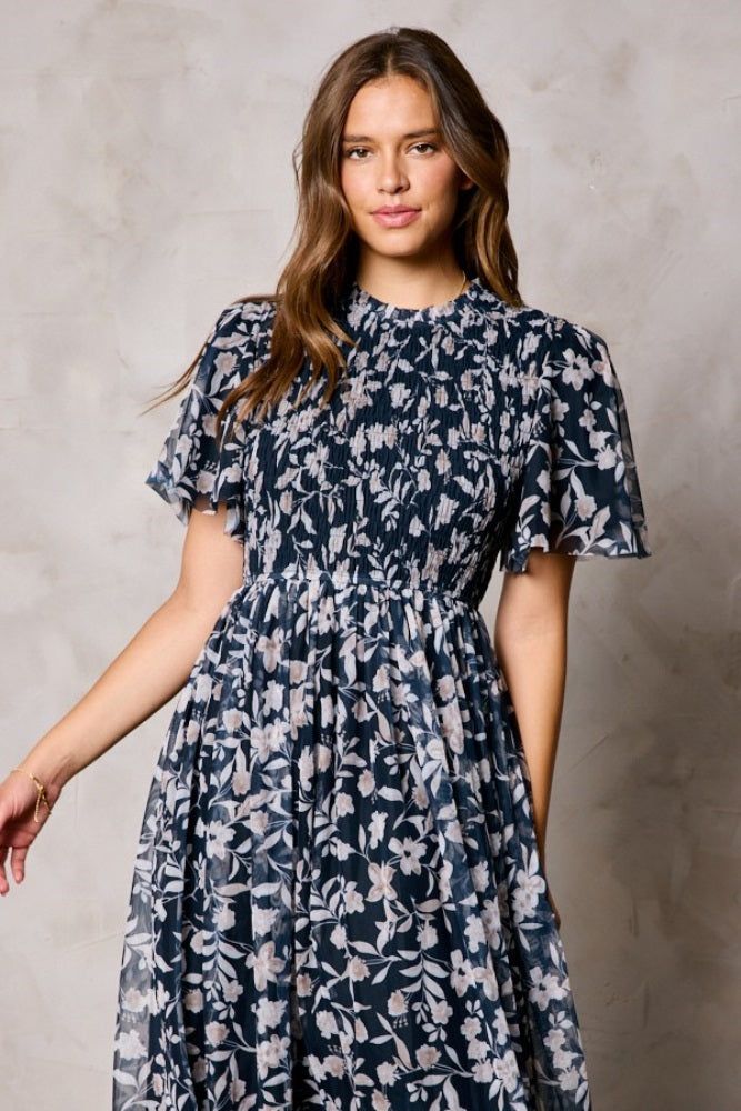 Black Floral Smocked Mesh Knit Midi Dress sold by Pinkblush product image thumbnail 4