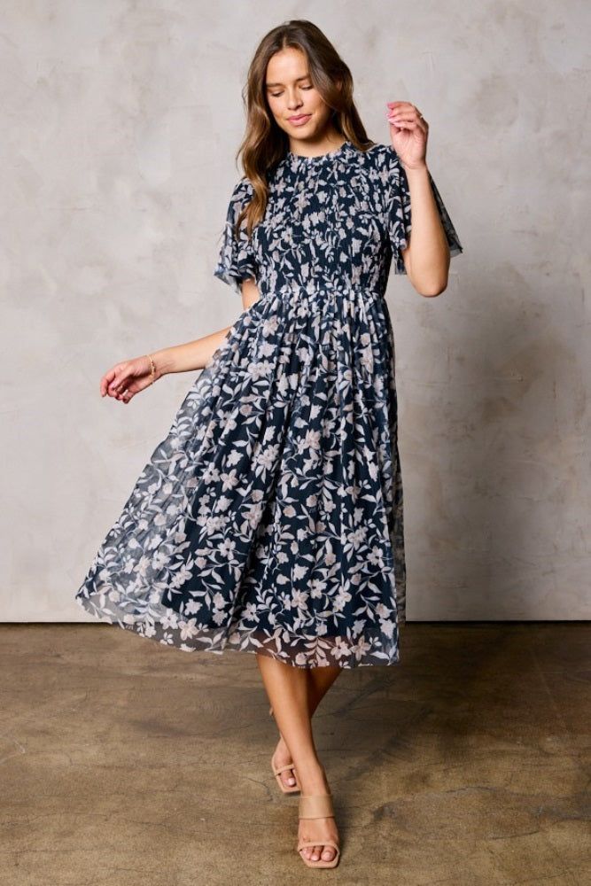 Black Floral Smocked Mesh Knit Midi Dress sold by Pinkblush