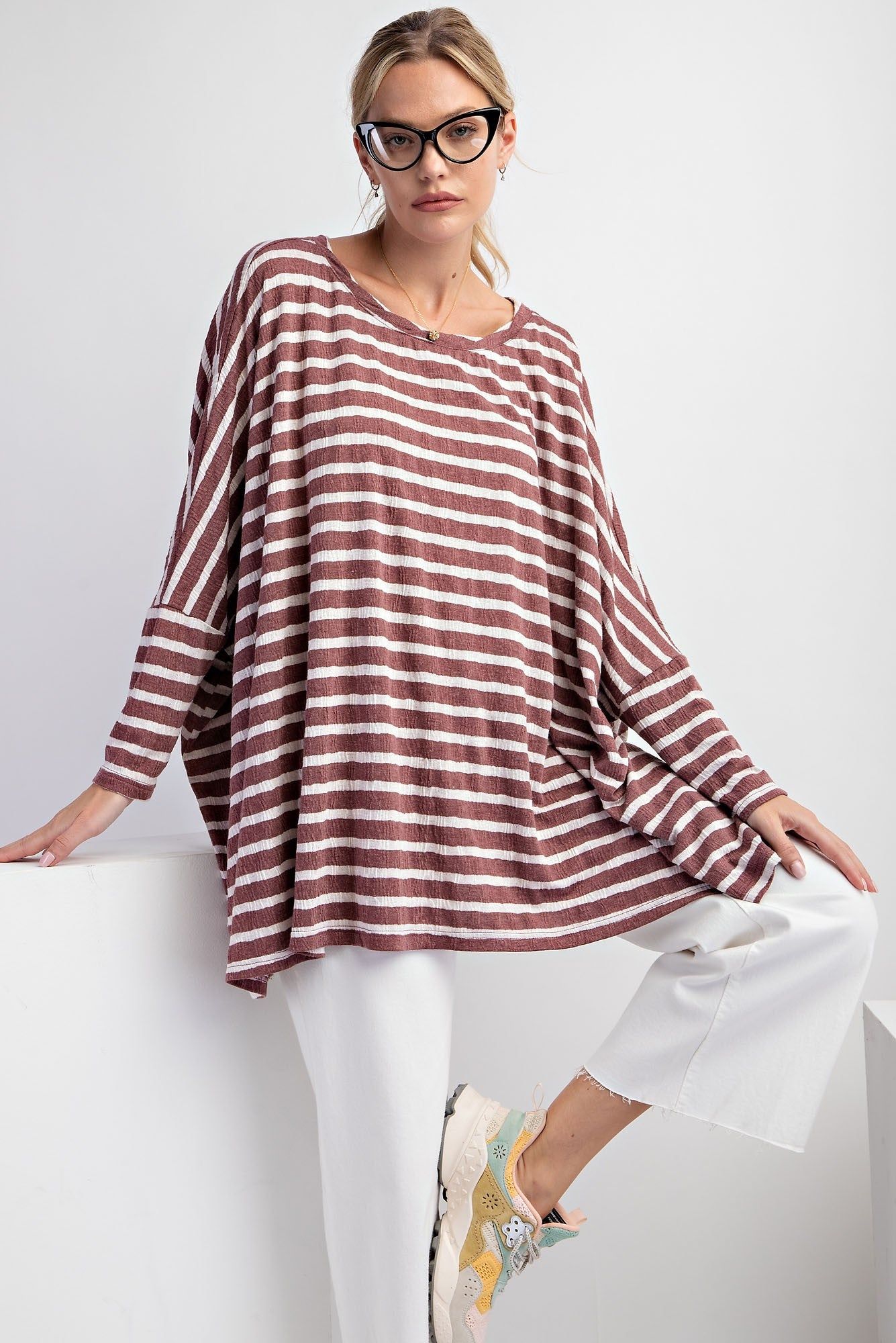 Faded Plum Stripe Oversized Top sold by Pinkblush