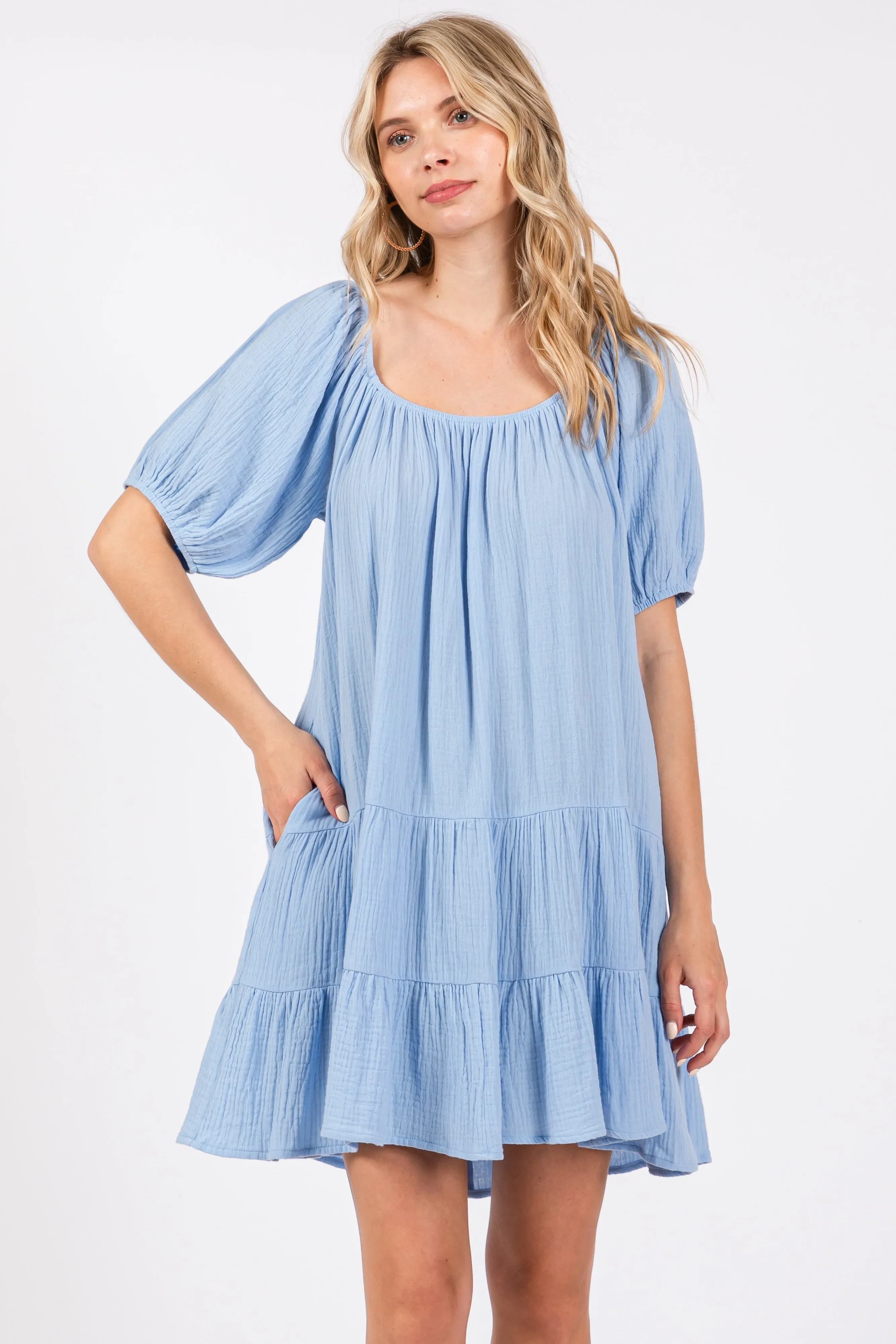 Light Blue Ribbon Back Detail Puff Sleeve Mini Dress sold by Pinkblush
