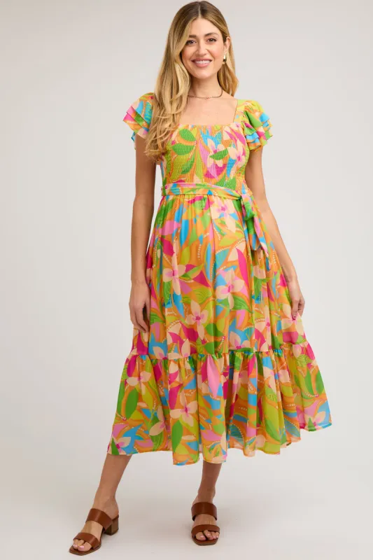 Orange Floral Print Flounce Sleeve Maternity Midi Dress sold by Pinkblush