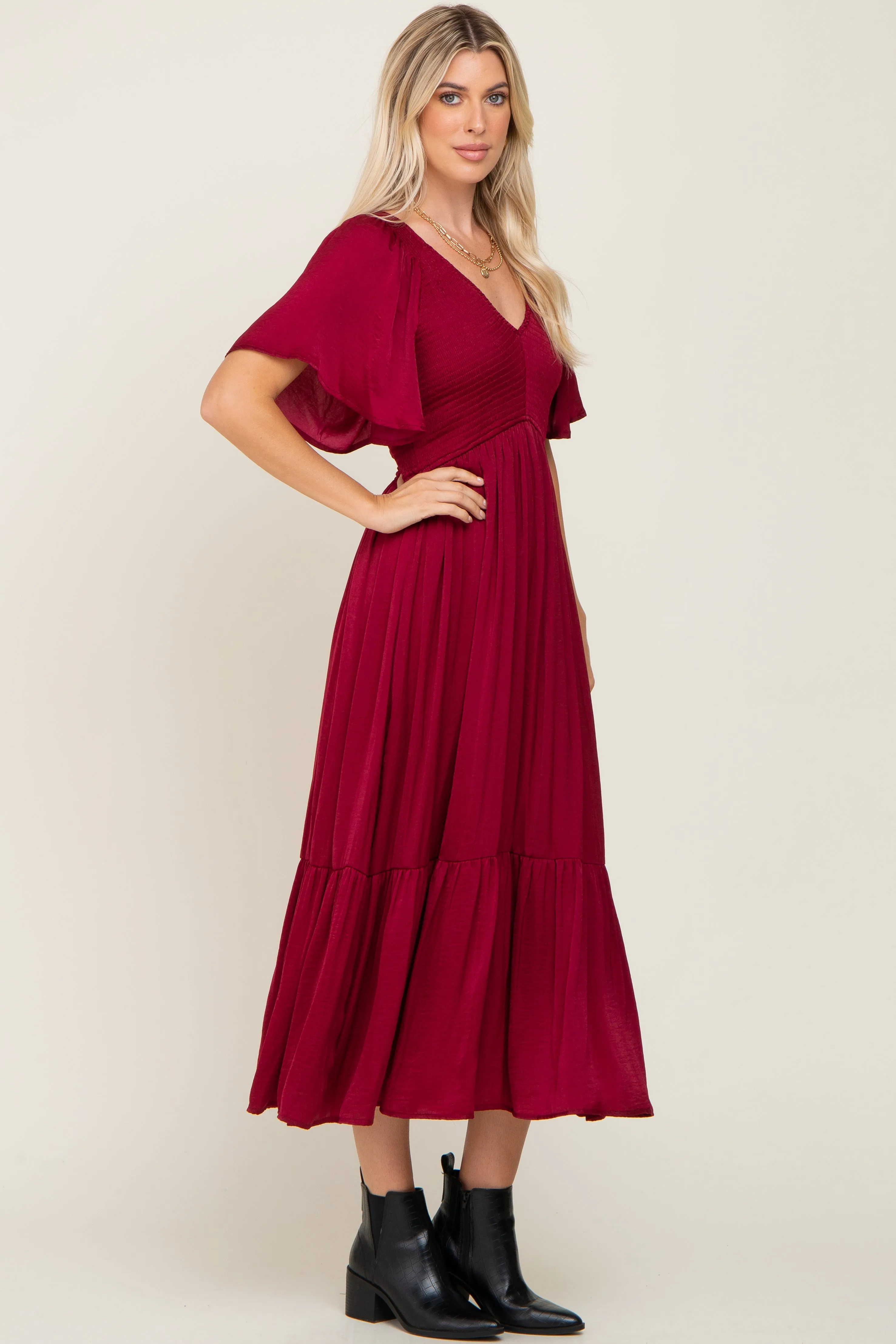 Burgundy Satin Smocked Midi Dress sold by Pinkblush product image thumbnail 2