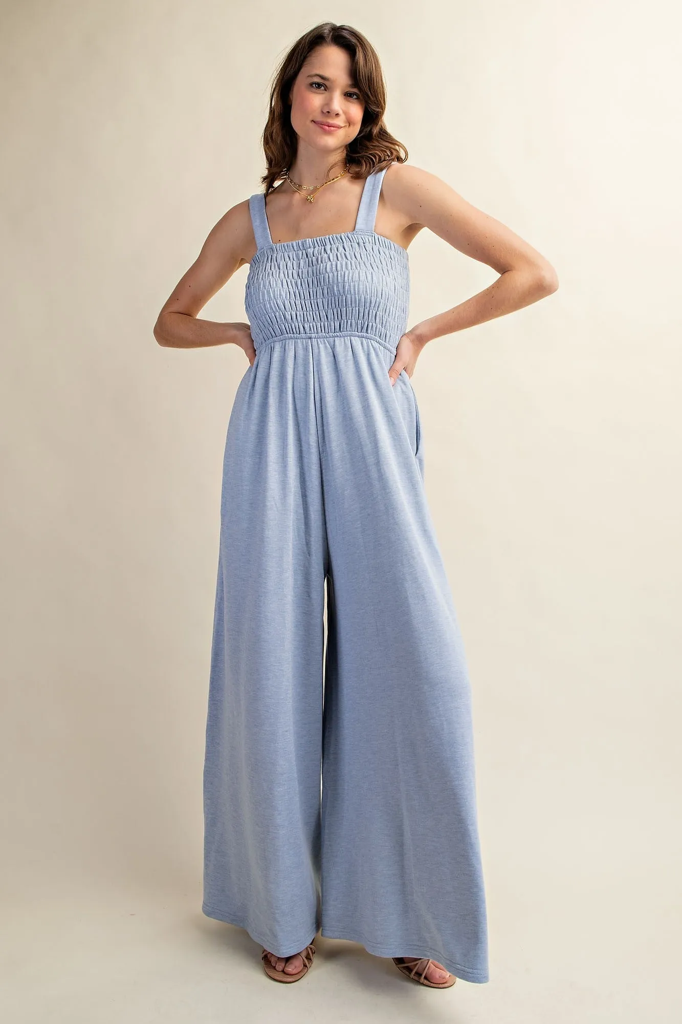 Blue Smocked Wide Leg Jumpsuit sold by Pinkblush product image thumbnail 3
