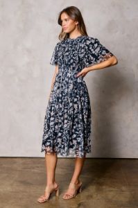 Black Floral Smocked Mesh Knit Midi Dress sold by Pinkblush