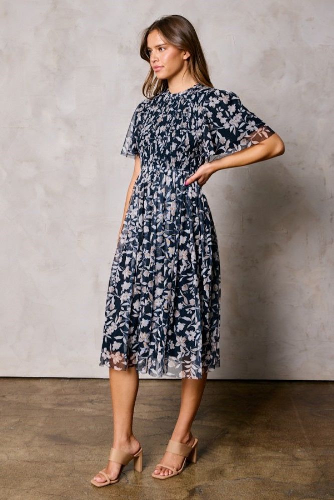 Black Floral Smocked Mesh Knit Midi Dress sold by Pinkblush product image thumbnail 2