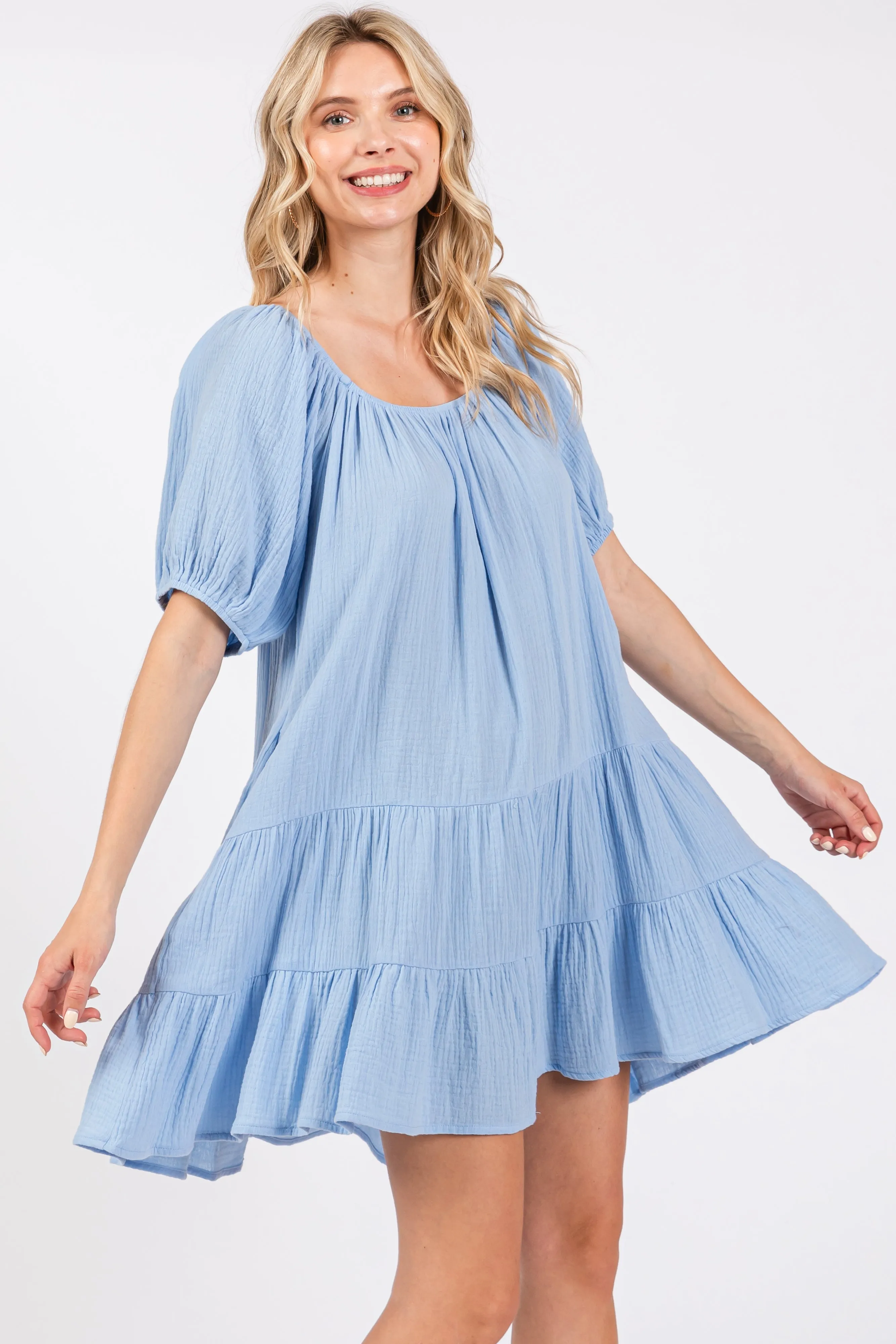 Light Blue Ribbon Back Detail Puff Sleeve Mini Dress sold by Pinkblush product image thumbnail 2