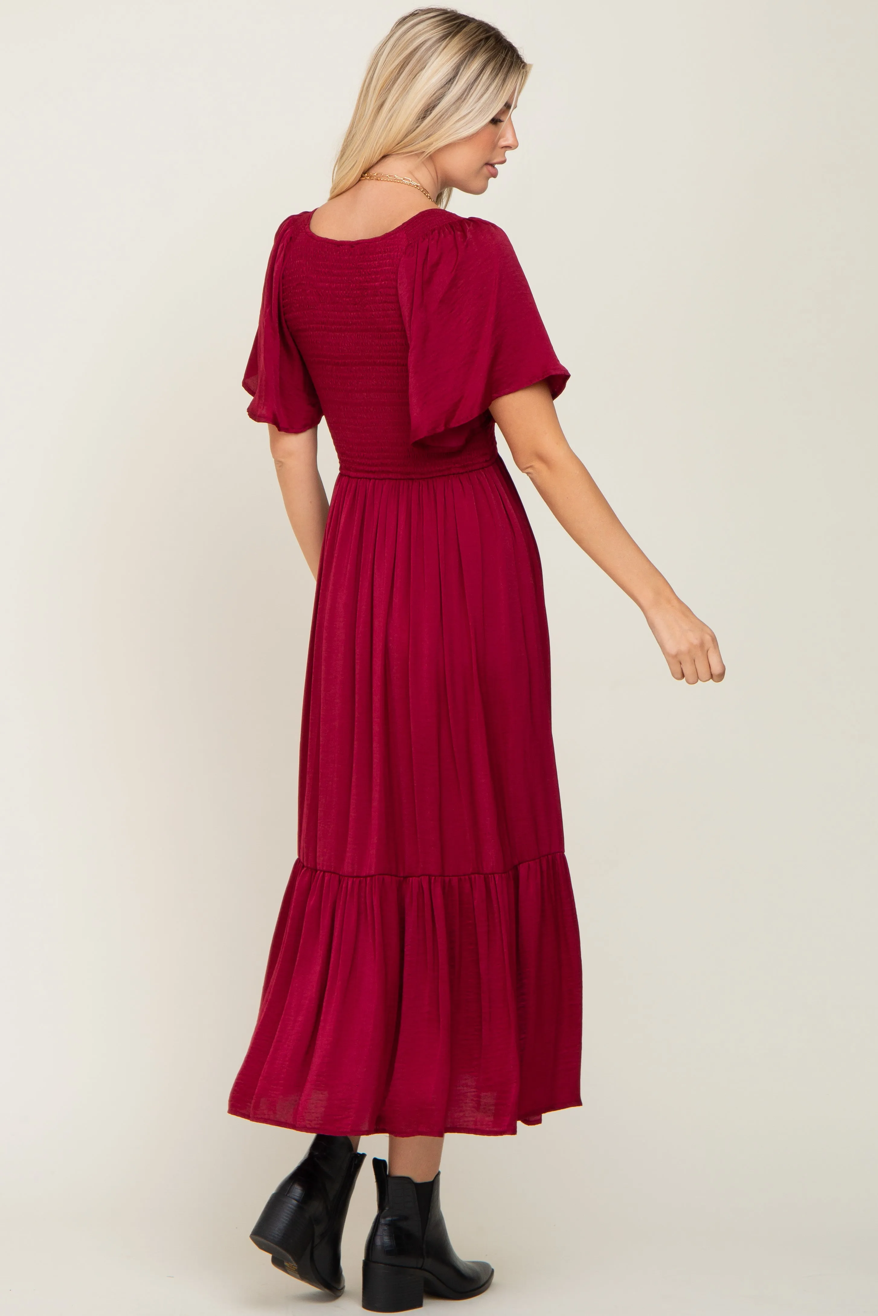 Burgundy Satin Smocked Midi Dress sold by Pinkblush product image thumbnail 3