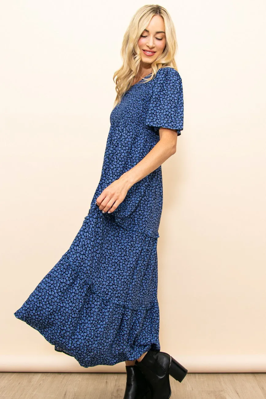 Blue Ditsy Floral Smocked Ruffle Tiered Midi Dress sold by Pinkblush product image thumbnail 2