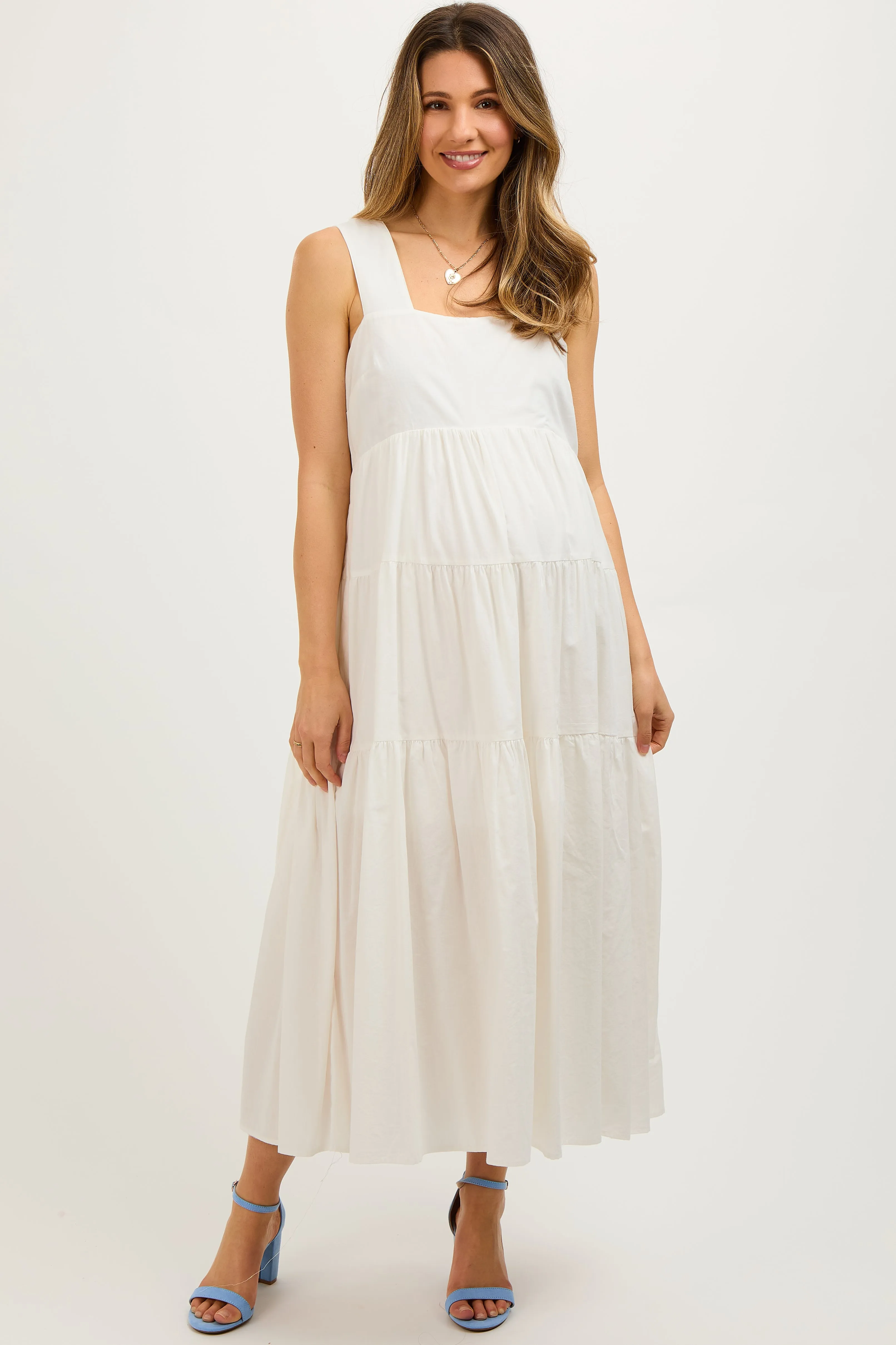 White Tiered Maternity Maxi Dress sold by Pinkblush
