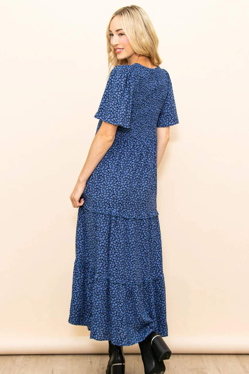 Blue Ditsy Floral Smocked Ruffle Tiered Midi Dress sold by Pinkblush product image thumbnail 3