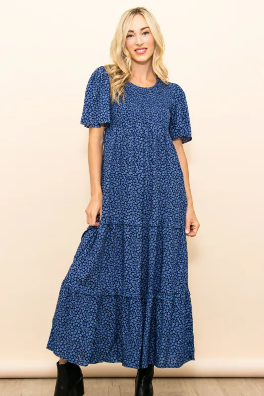 Blue Ditsy Floral Smocked Ruffle Tiered Midi Dress sold by Pinkblush