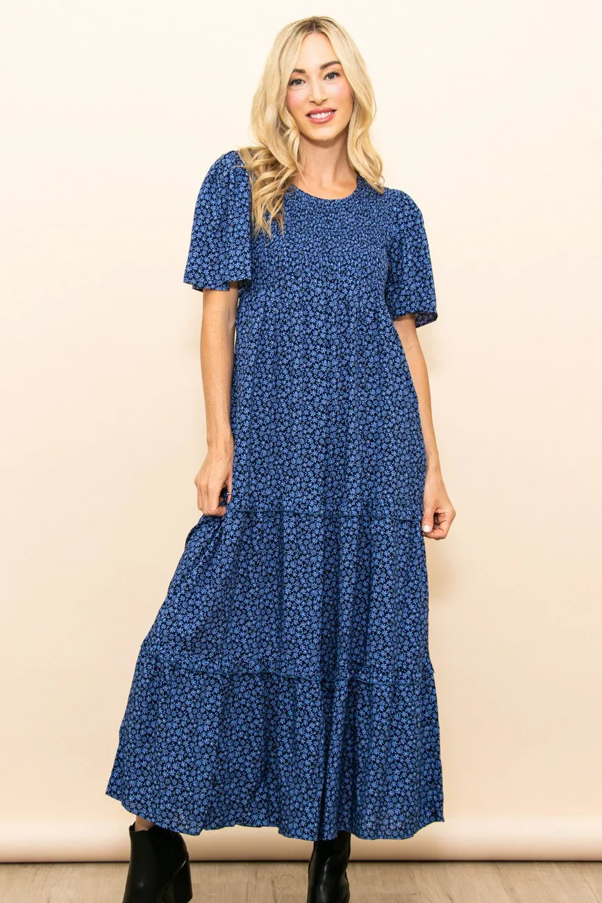 Blue Ditsy Floral Smocked Ruffle Tiered Midi Dress sold by Pinkblush