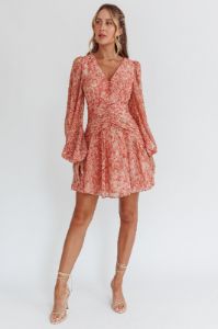 Pink Long Sleeve V Neck Chiffon Mid Dress sold by Pinkblush