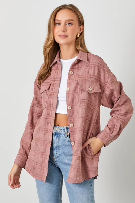 Mauve Plaid Textured Shirt Jacket sold by Pinkblush