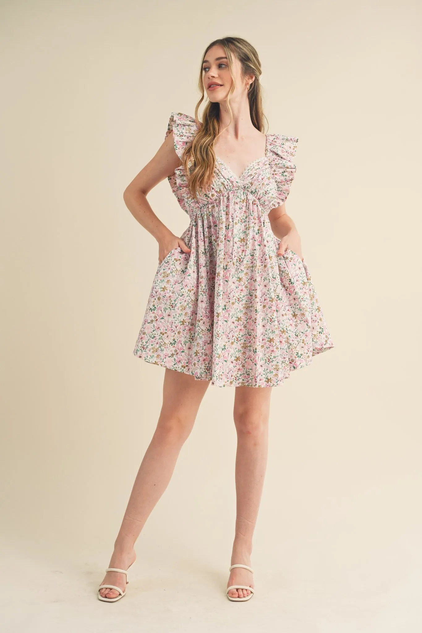 Pink Multi Floral Flutter Sleeve Mini Dress sold by Pinkblush product image thumbnail 4