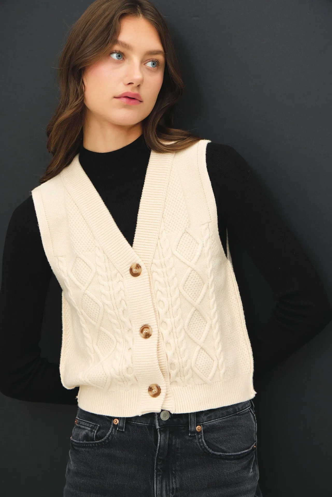 Cream Cable Knit Sweater Button Down Vest sold by Pinkblush