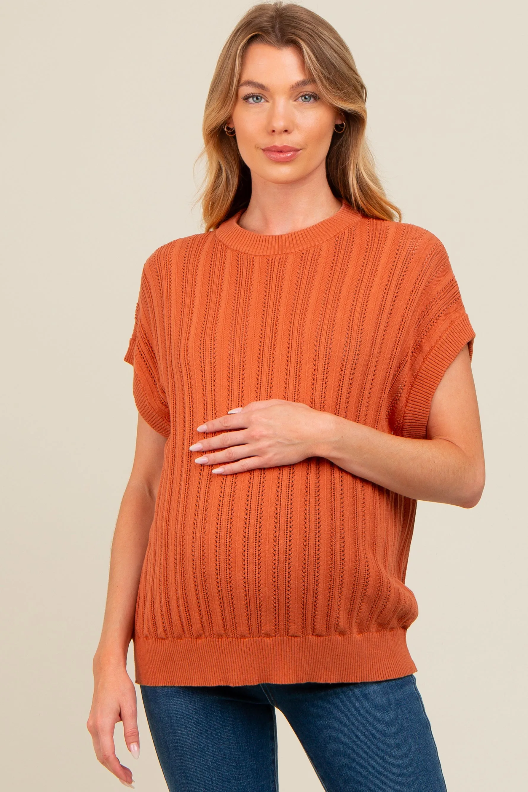 Rust Crochet Knit Short Sleeve Sweater Maternity Top sold by Pinkblush