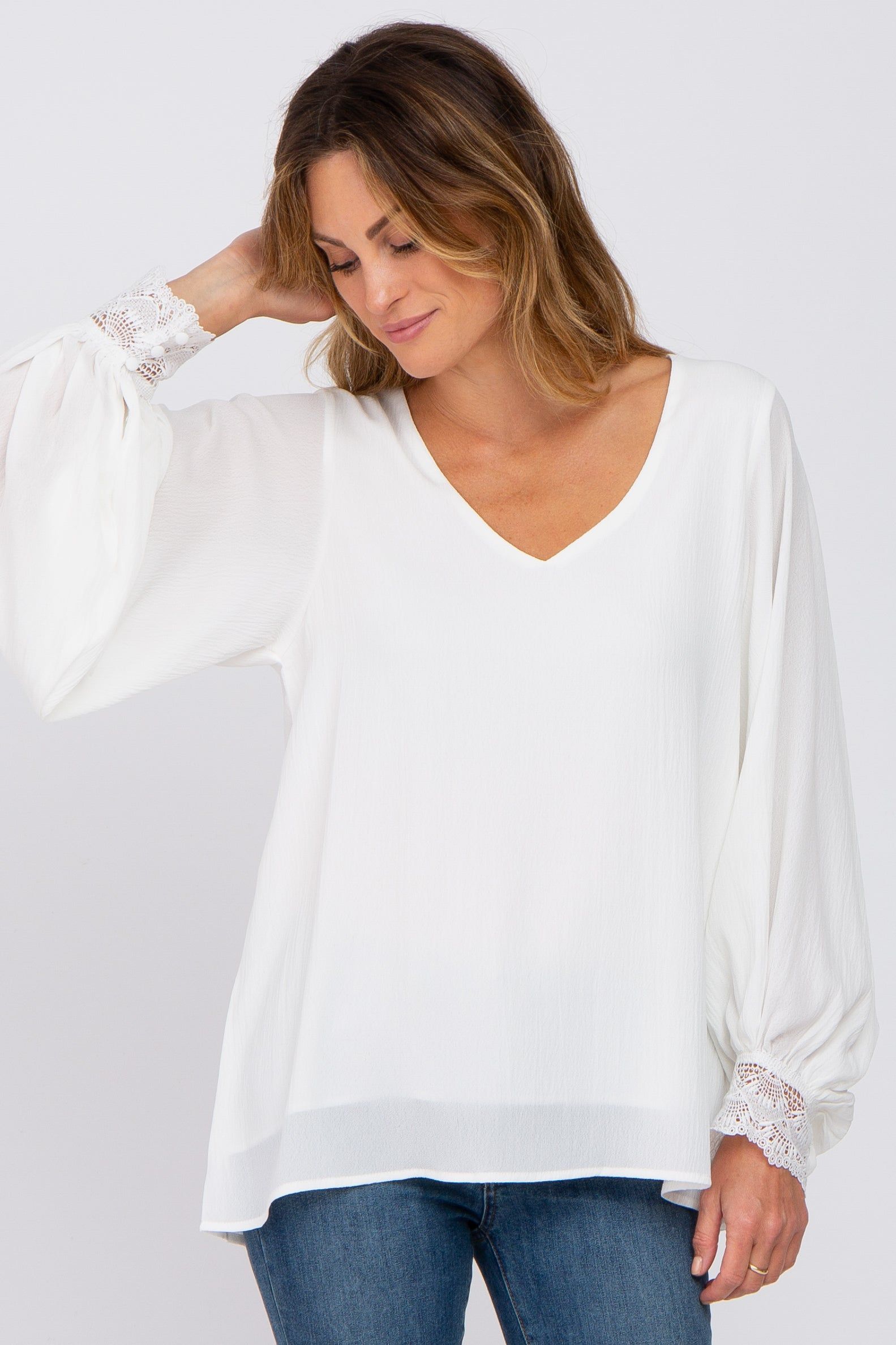 White Long Sleeve Crochet Lace Maternity Blouse sold by Pinkblush product image thumbnail 5