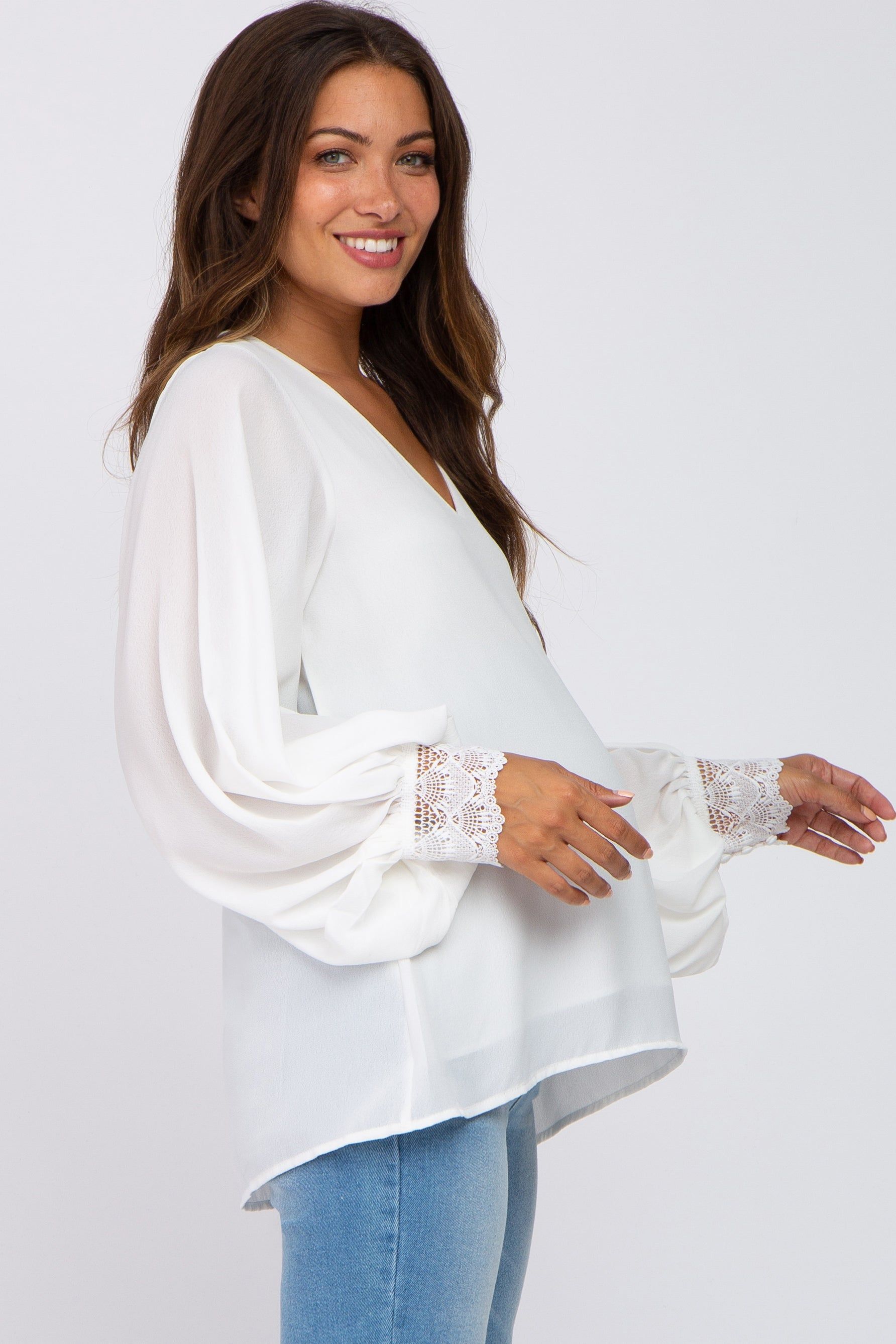 White Long Sleeve Crochet Lace Maternity Blouse sold by Pinkblush product image thumbnail 2