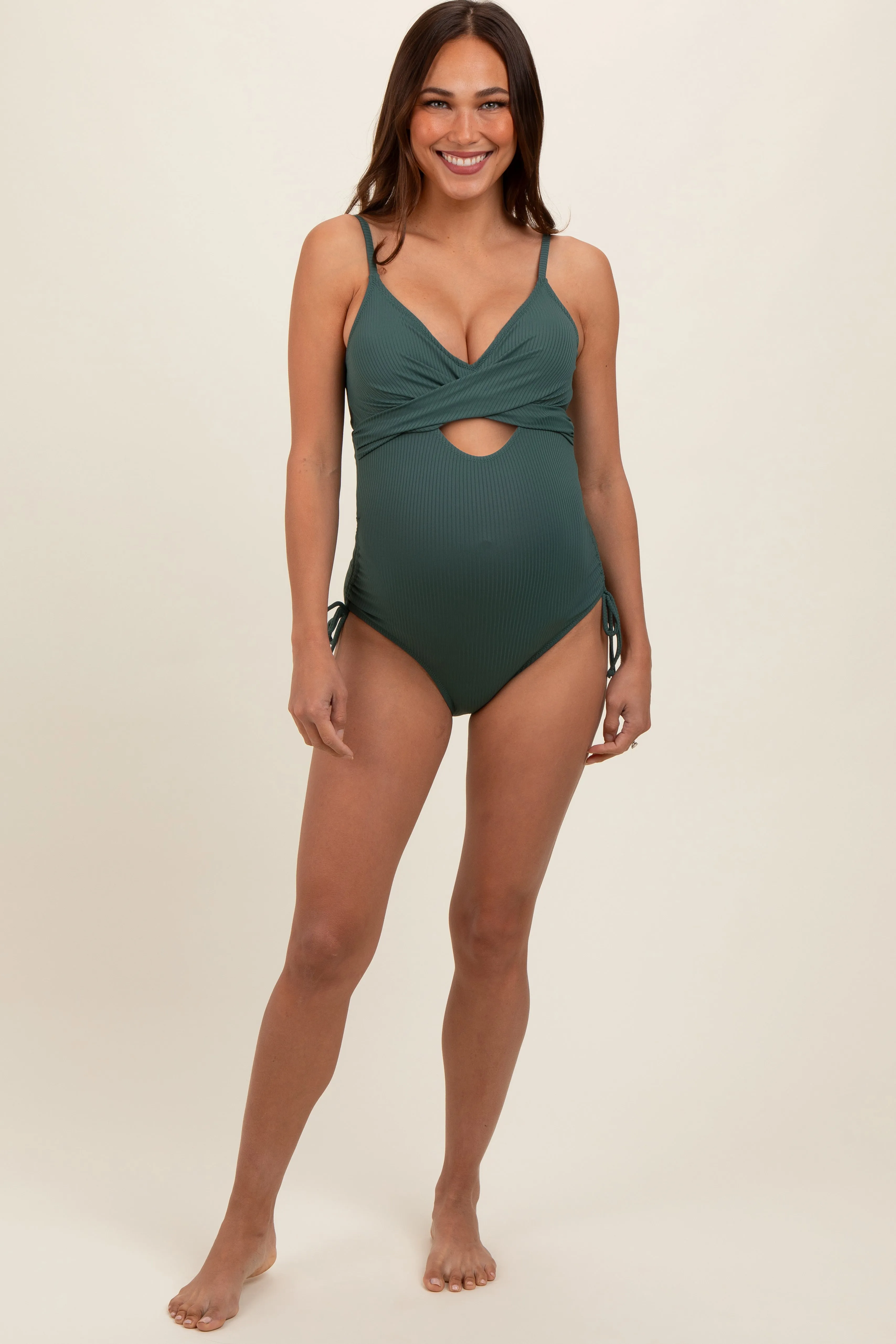 Olive Ribbed Wrap Front Drawstring Side Maternity One-Piece Swimsuit sold by Pinkblush product image thumbnail 2