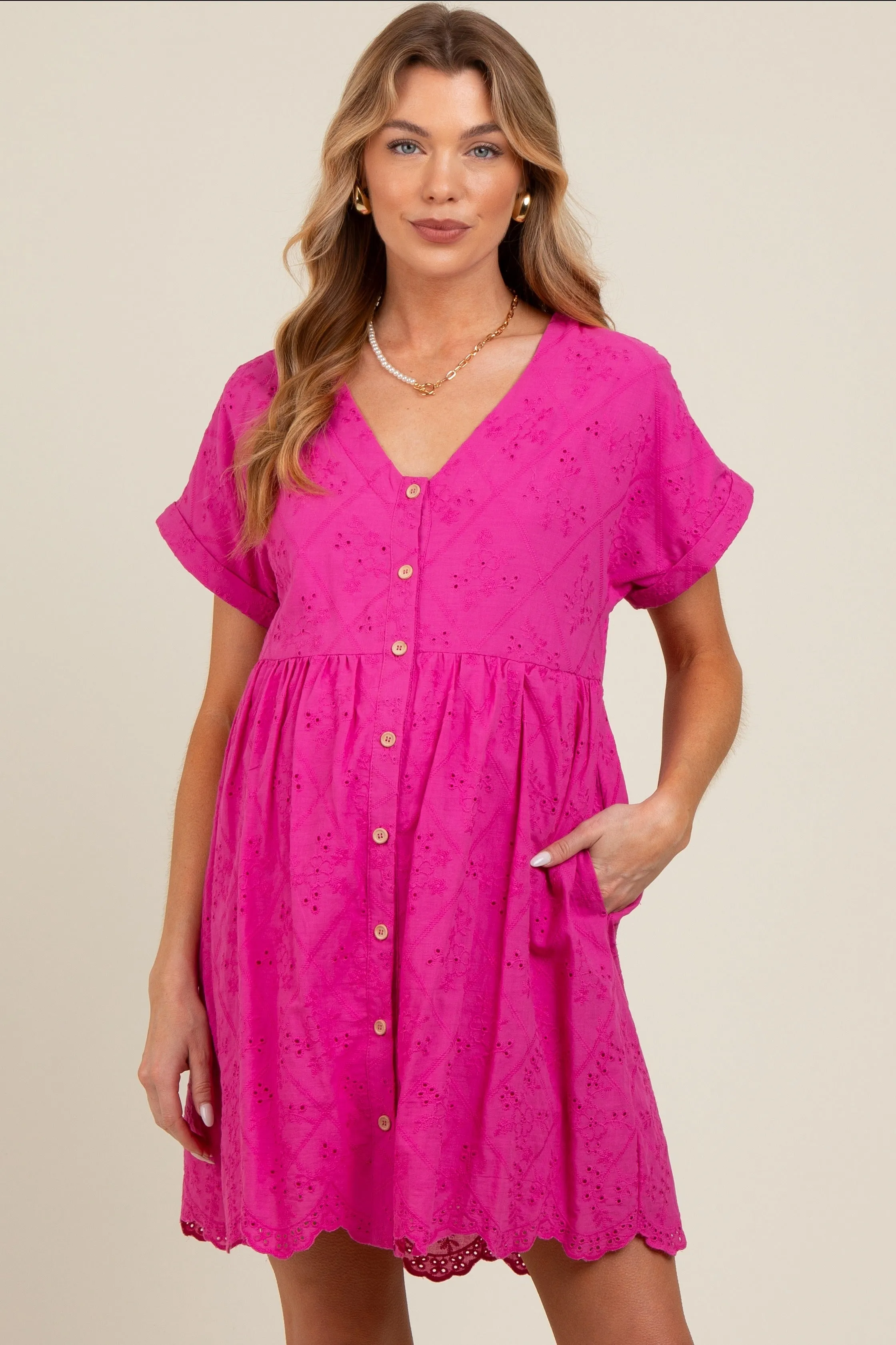 Fuchsia Eyelet Button Front Short Sleeve Maternity Dress sold by Pinkblush product image thumbnail 2