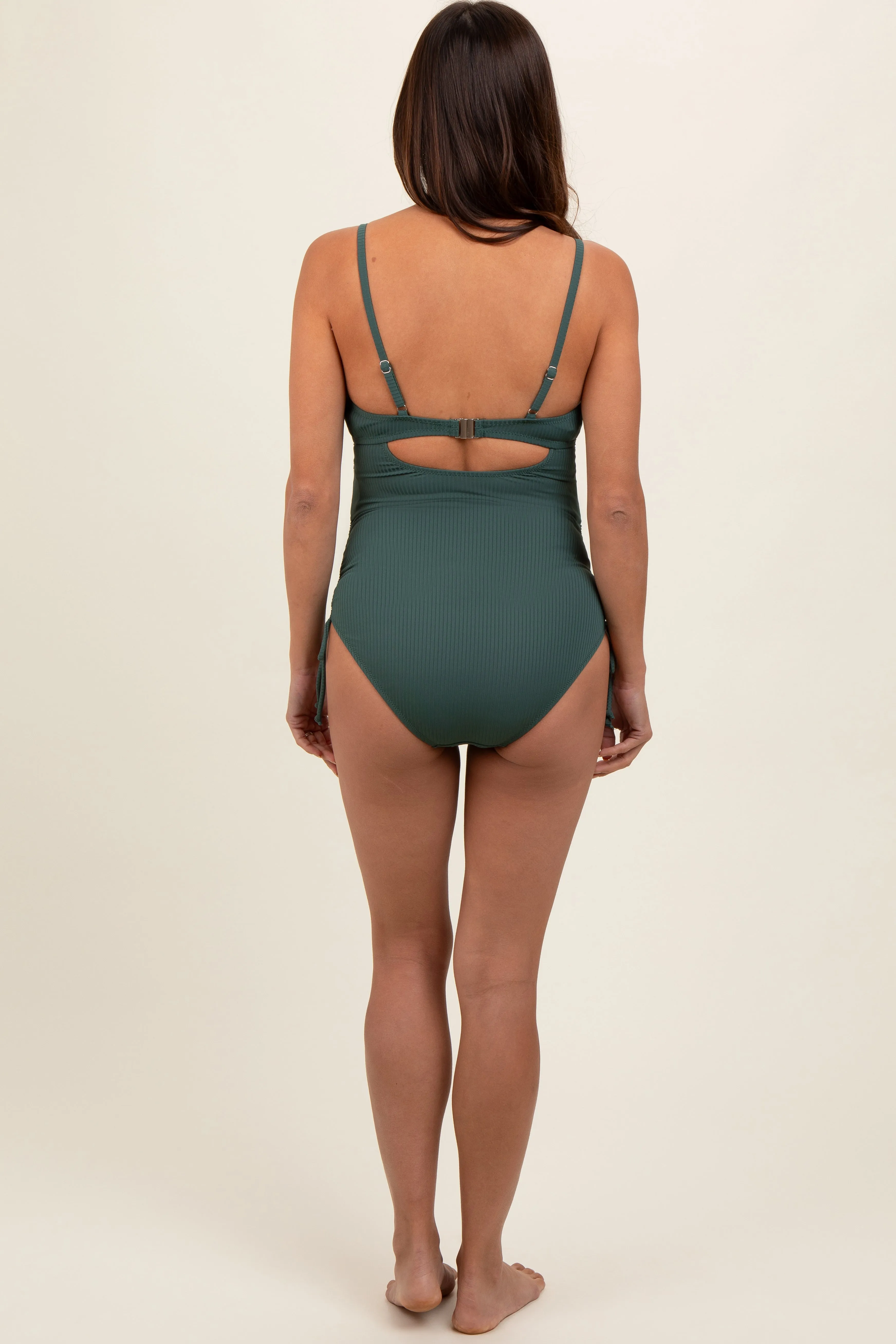 Olive Ribbed Wrap Front Drawstring Side Maternity One-Piece Swimsuit sold by Pinkblush product image thumbnail 3